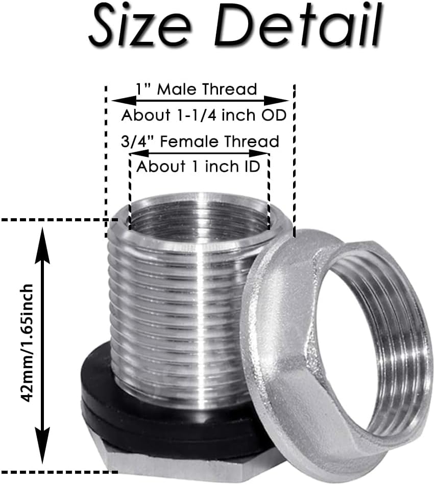 1 NPS Male to 3/4 NPT Female Stainless Steel Bulkhead Water Tank Connector Thru-bulk Fitting for Water Tank Barrel Pack of 1