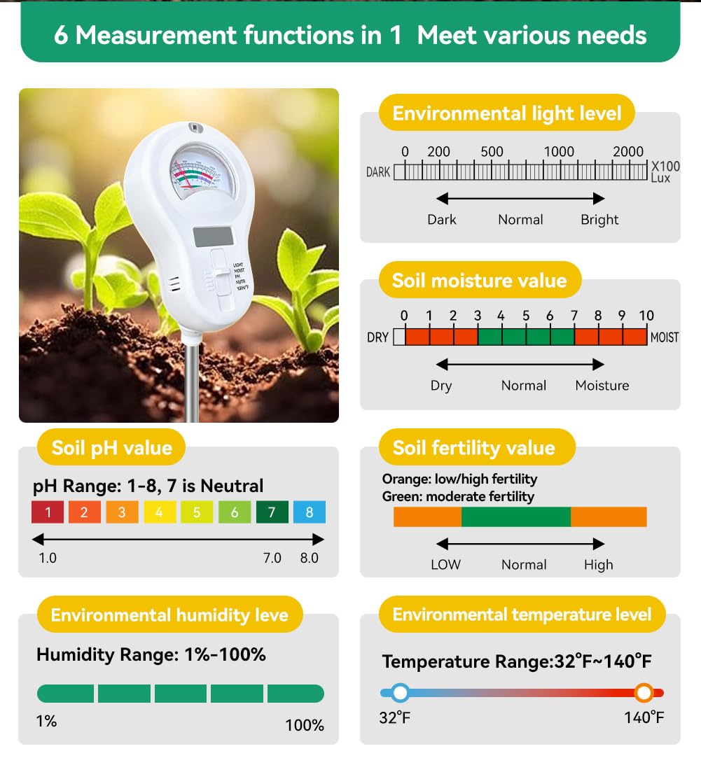 6in1 Multi-Function Soil Moisture Meters Tester Temperature/PH/Humidity/Moisture/Sunlight/Fertility Meter Soil Testing Analyzer Kit for Plants Farms Gardens Lawns Indoor Outdoor Plant Care