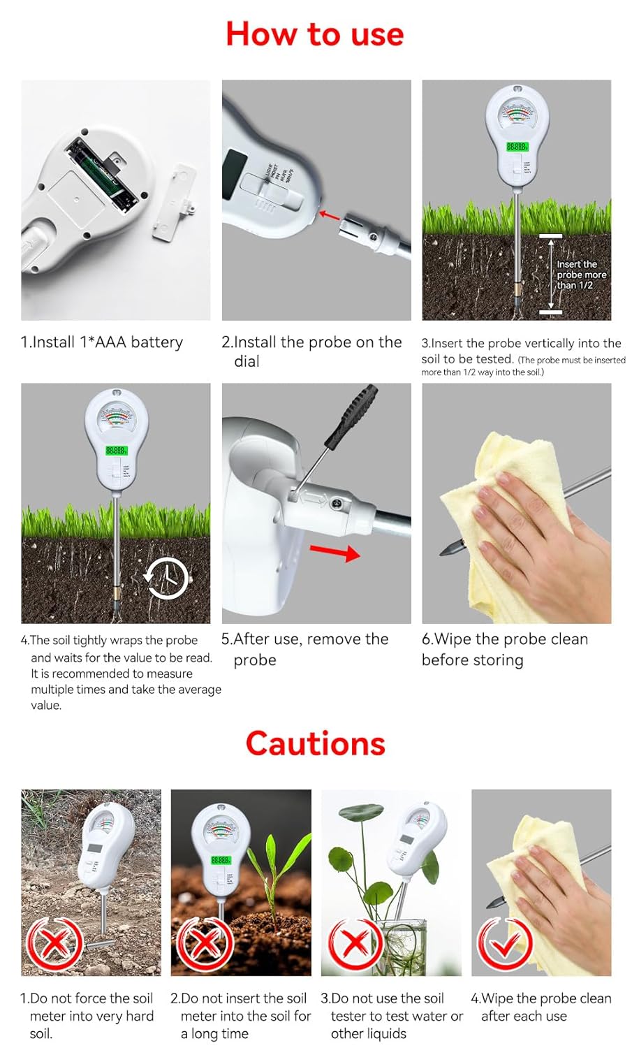 6in1 Multi-Function Soil Moisture Meters Tester Temperature/PH/Humidity/Moisture/Sunlight/Fertility Meter Soil Testing Analyzer Kit for Plants Farms Gardens Lawns Indoor Outdoor Plant Care