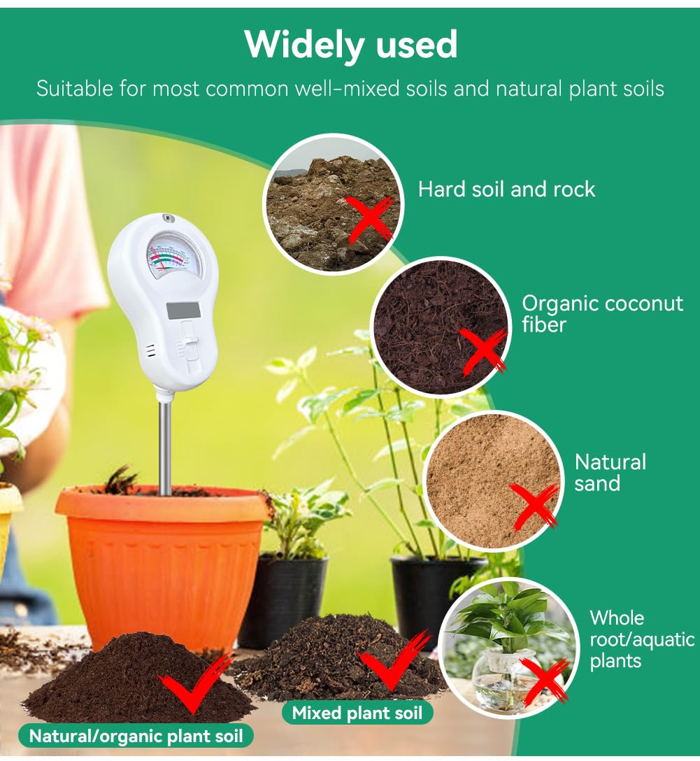 6in1 Multi-Function Soil Moisture Meters Tester Temperature/PH/Humidity/Moisture/Sunlight/Fertility Meter Soil Testing Analyzer Kit for Plants Farms Gardens Lawns Indoor Outdoor Plant Care