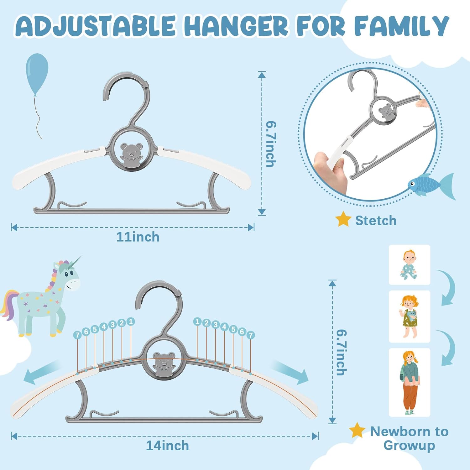 50 Pack Baby Hangers for Nursery Closet, Adjustable Non-Slip Kids Hangers with Windproof Buckle, 11-14" Infant Child Plastic Clothes Pants Toddler Hanger for Boys Girls Newborn Adult, Grey