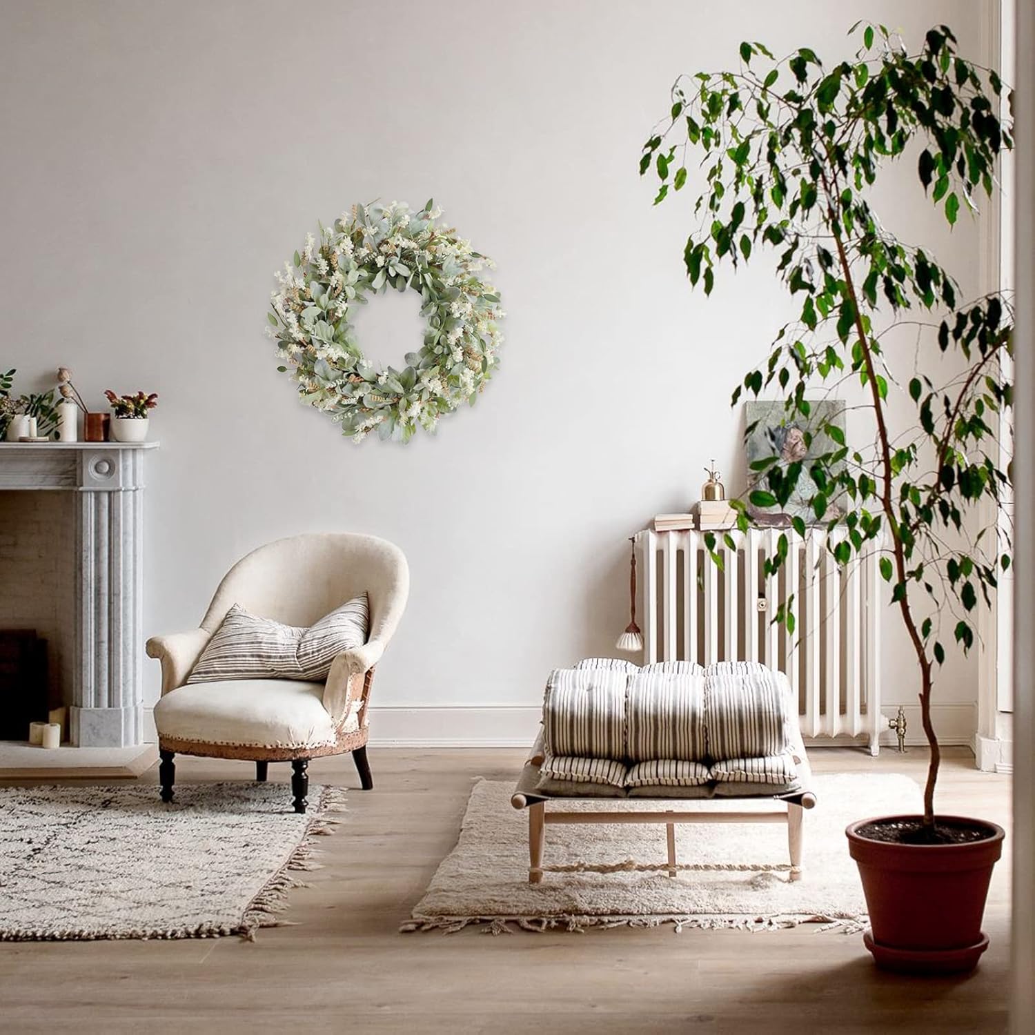 24 Inch Summer Spring Ivory Flowers Wreath for Front Door, Everyday Lamb Ears Leaves Wreath with White Artificial Flower for Indoor and Outdoor, Rustic and Farmhouse Greenery Flower
