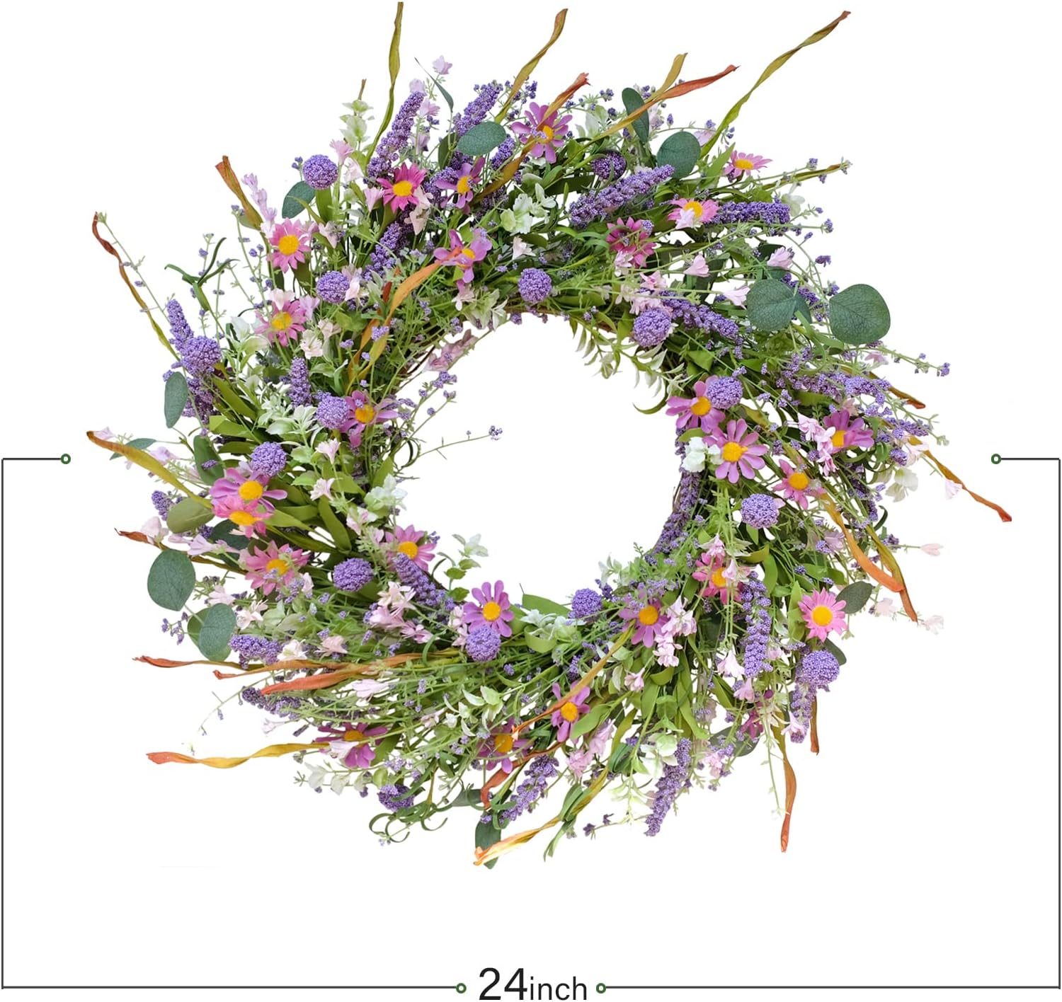 24 Inch Spring and Everyday Greenery Wild Flower Wreath for Front Door, Mixed Green Leaves and Flower Wreath for Indoor and Outdoor Use, Everyday Home Decor