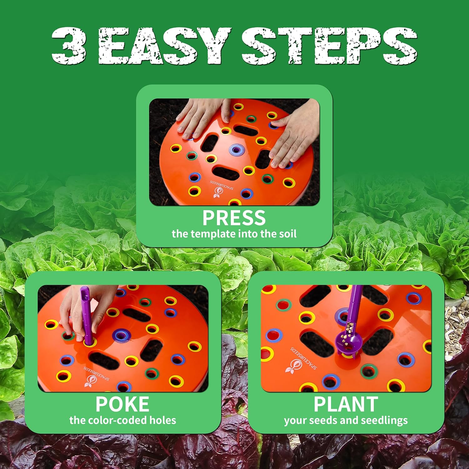 Round Seed Planting Template by – Patented Color-Coded Garden Spacing Tool Kit with Seed & Seedling Spacer, Dibber with Seed Spoon & Laminated Vegetable Growing Guide