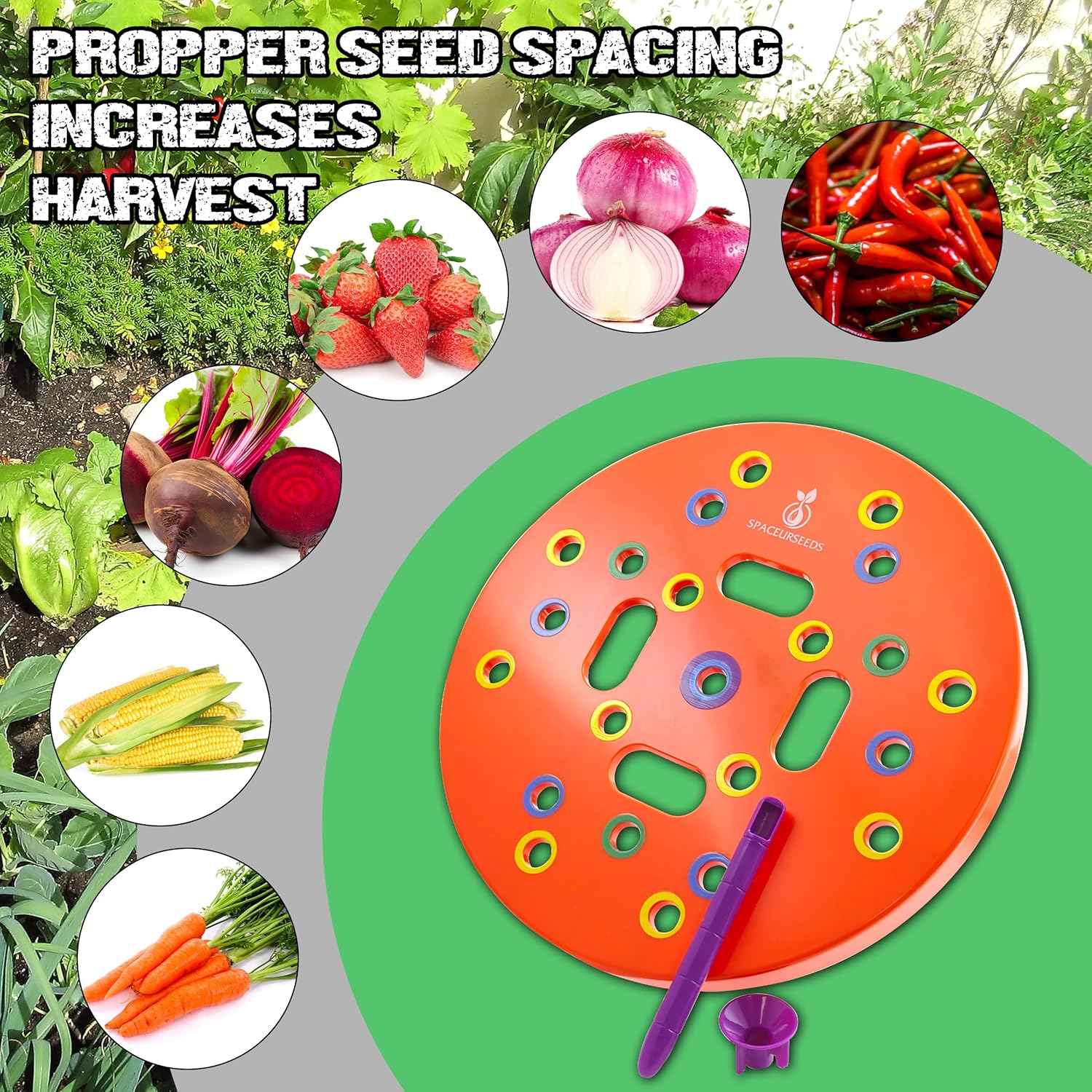 Round Seed Planting Template by – Patented Color-Coded Garden Spacing Tool Kit with Seed & Seedling Spacer, Dibber with Seed Spoon & Laminated Vegetable Growing Guide