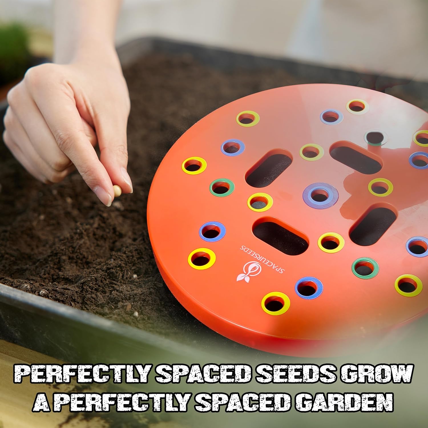 Round Seed Planting Template by – Patented Color-Coded Garden Spacing Tool Kit with Seed & Seedling Spacer, Dibber with Seed Spoon & Laminated Vegetable Growing Guide
