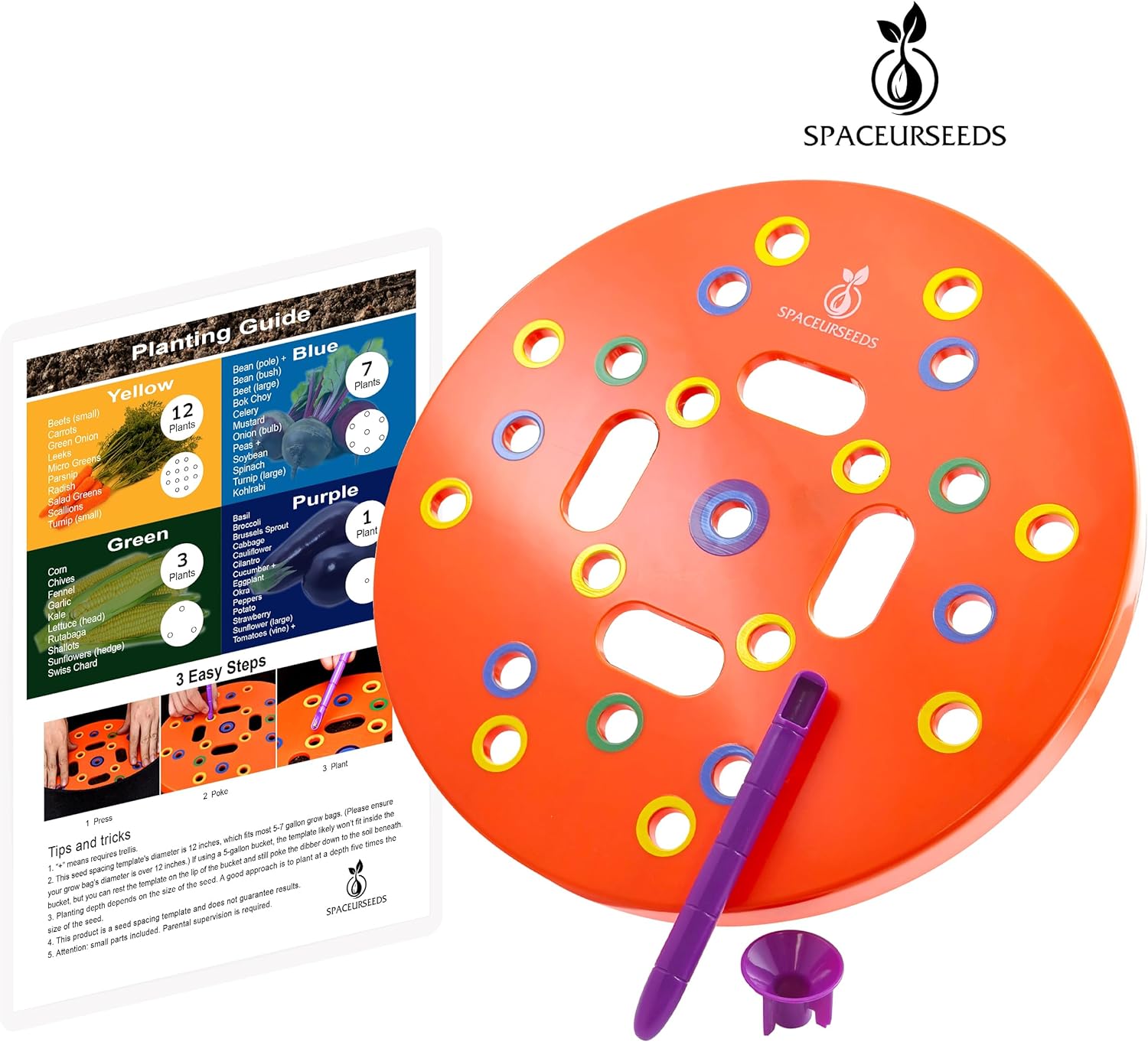 Round Seed Planting Template by – Patented Color-Coded Garden Spacing Tool Kit with Seed & Seedling Spacer, Dibber with Seed Spoon & Laminated Vegetable Growing Guide