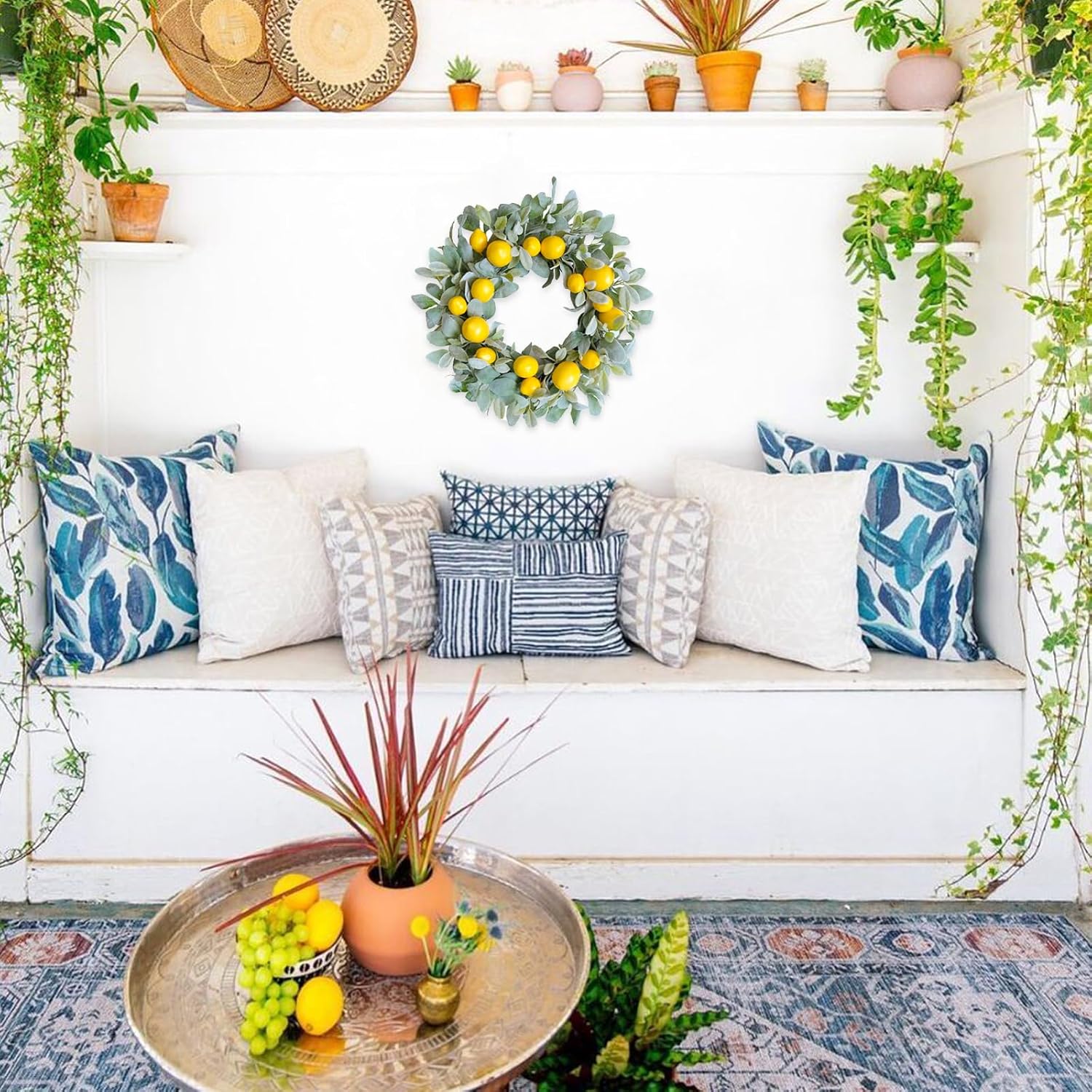 18 Inch Yellow Lemon Spring Summer Wreath for Front Door, Lamb Ears Leaves with Artificial Lemon Door Wreath, Green Leaves for Indoor and Outdoor