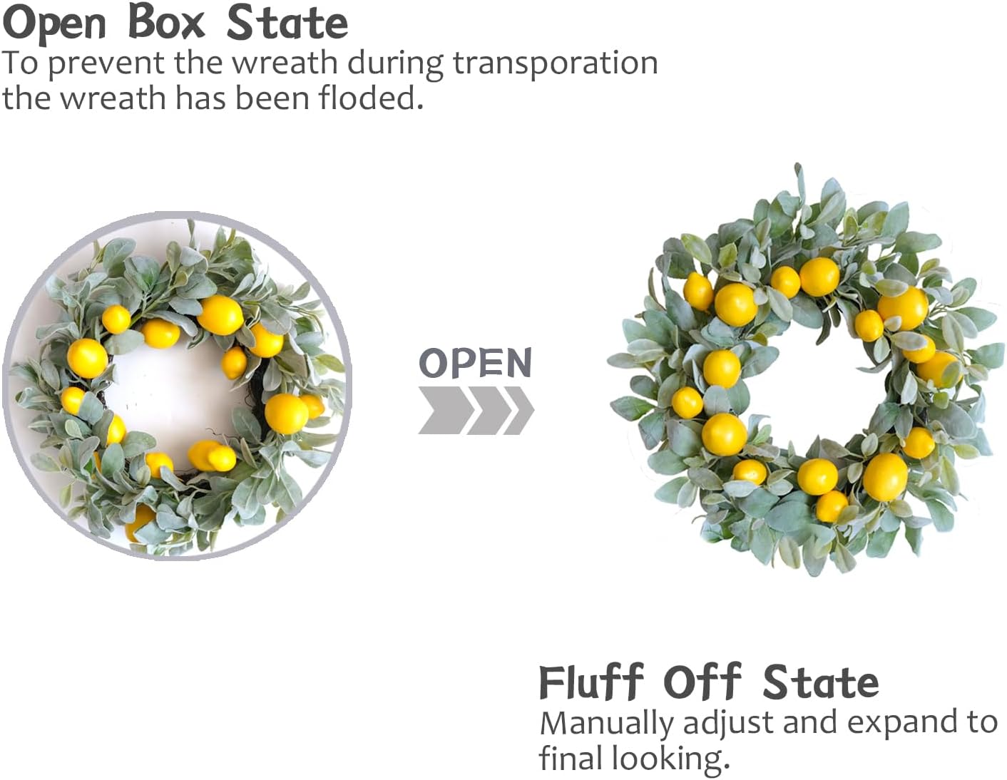18 Inch Yellow Lemon Spring Summer Wreath for Front Door, Lamb Ears Leaves with Artificial Lemon Door Wreath, Green Leaves for Indoor and Outdoor