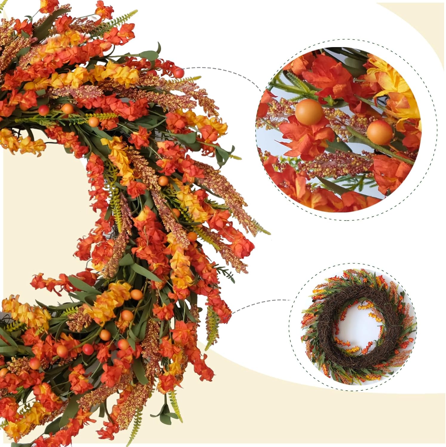 22 Inch Fall Flower Wreath for Front Door, Autumn Yellow Orange Forsythia Flower Indoor Outdoor Wreath with Berries Foam Leaves