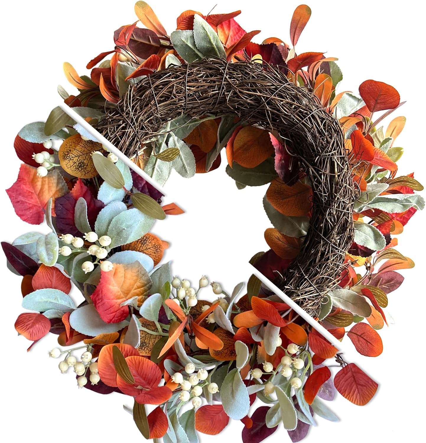 22 Inch Fall Front Door Wreath with Eucalyptus Lamb Ears Leaves and Berries, Autumn Fall Leaves Wreath with White Berries for Indoor and Outdoor, Festival Home Decor