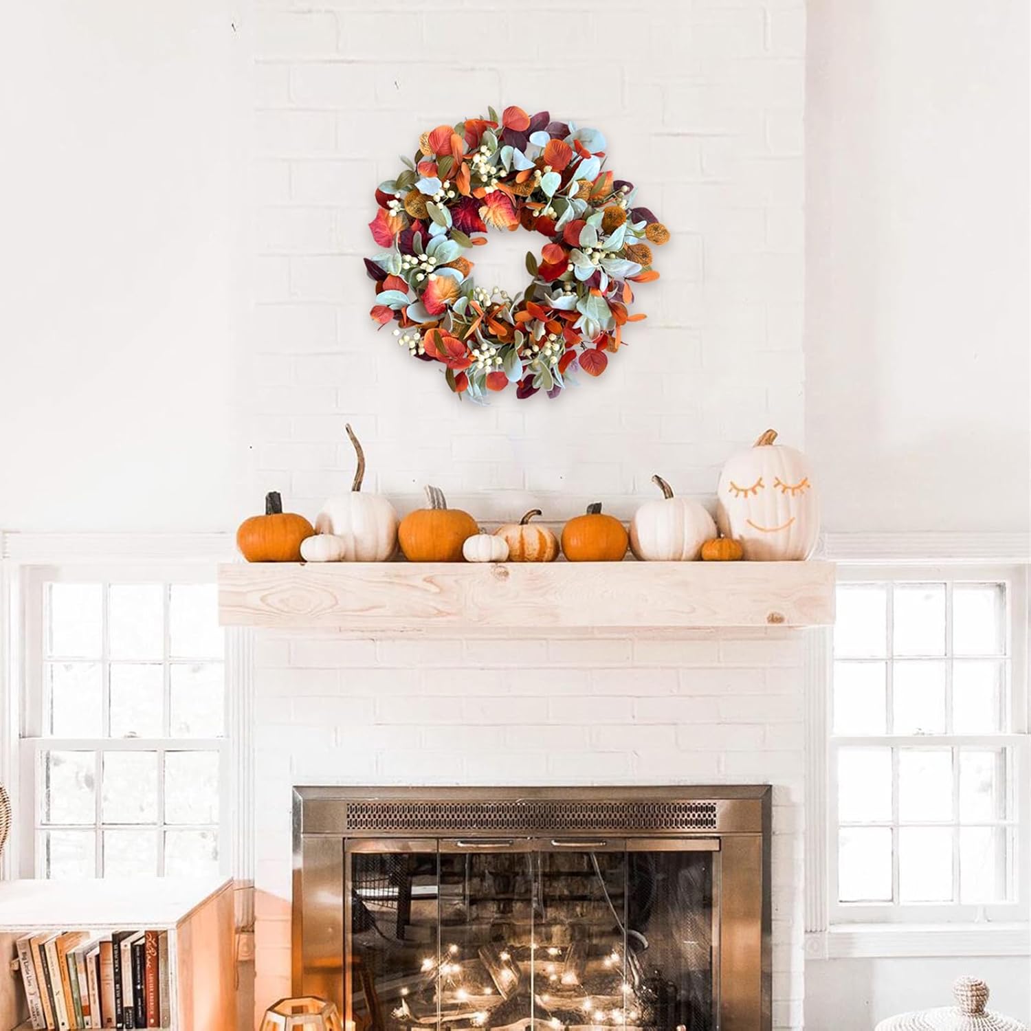 22 Inch Fall Front Door Wreath with Eucalyptus Lamb Ears Leaves and Berries, Autumn Fall Leaves Wreath with White Berries for Indoor and Outdoor, Festival Home Decor