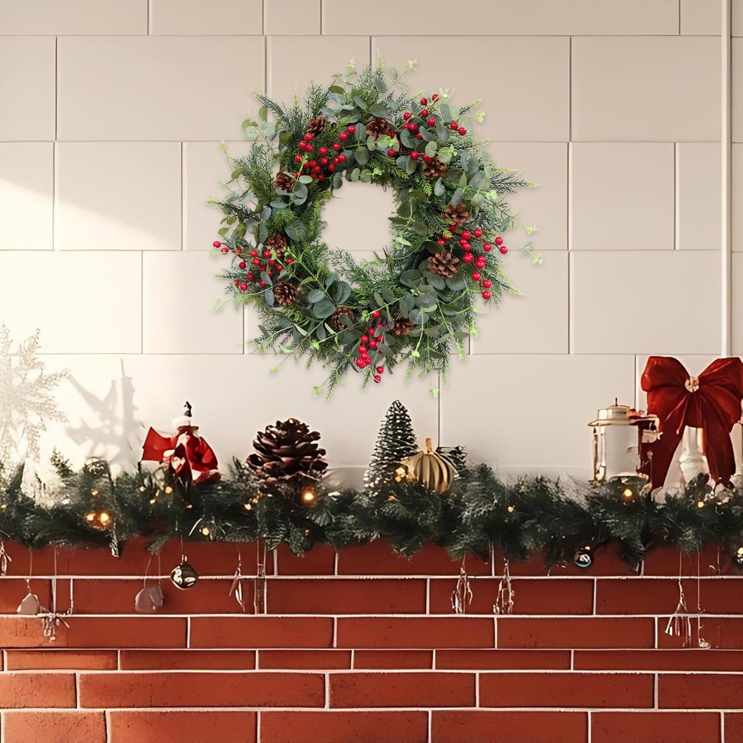 24 Inch Christmas Eucalyptus Red Berries Wreath for Front Door, Winter Green Eucalyptus Leaves Wreath with Pine Cone for Indoor Outdoor, Xmas Wreaths Home Decor