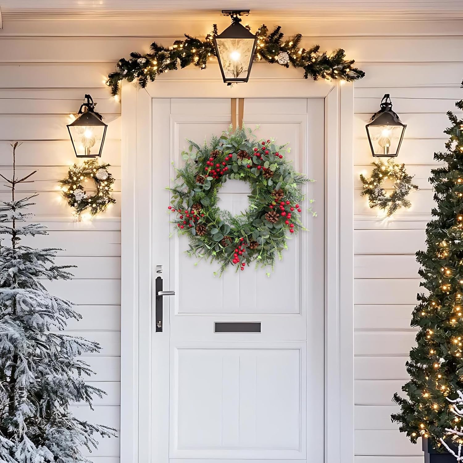24 Inch Christmas Eucalyptus Red Berries Wreath for Front Door, Winter Green Eucalyptus Leaves Wreath with Pine Cone for Indoor Outdoor, Xmas Wreaths Home Decor