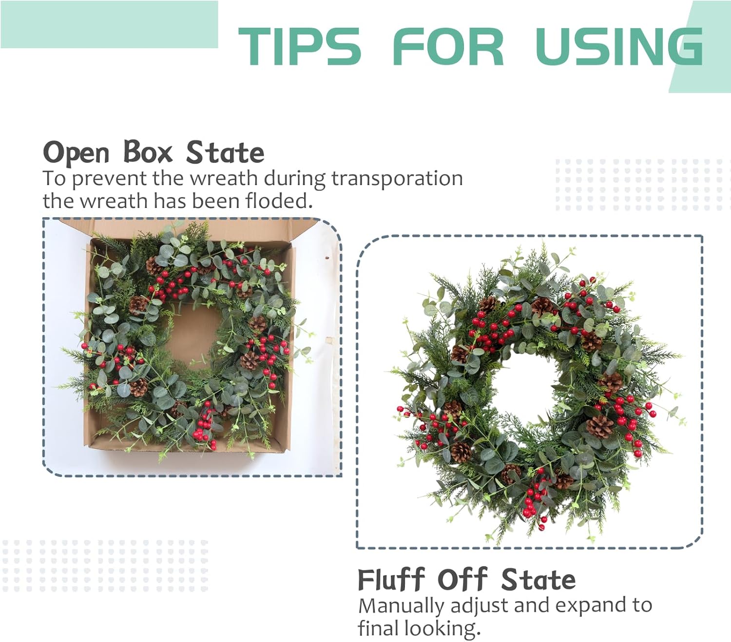 24 Inch Christmas Eucalyptus Red Berries Wreath for Front Door, Winter Green Eucalyptus Leaves Wreath with Pine Cone for Indoor Outdoor, Xmas Wreaths Home Decor