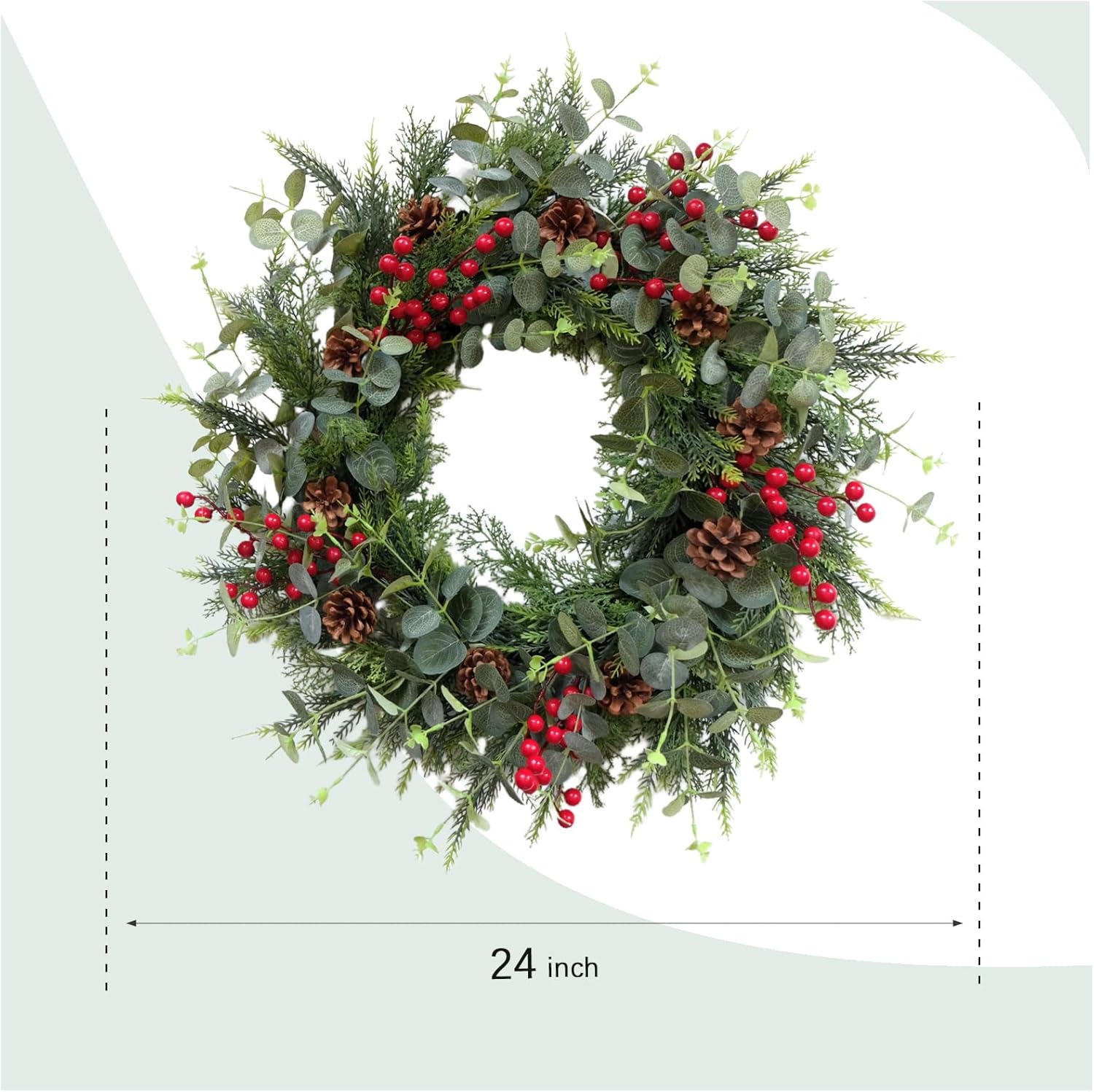 24 Inch Christmas Eucalyptus Red Berries Wreath for Front Door, Winter Green Eucalyptus Leaves Wreath with Pine Cone for Indoor Outdoor, Xmas Wreaths Home Decor