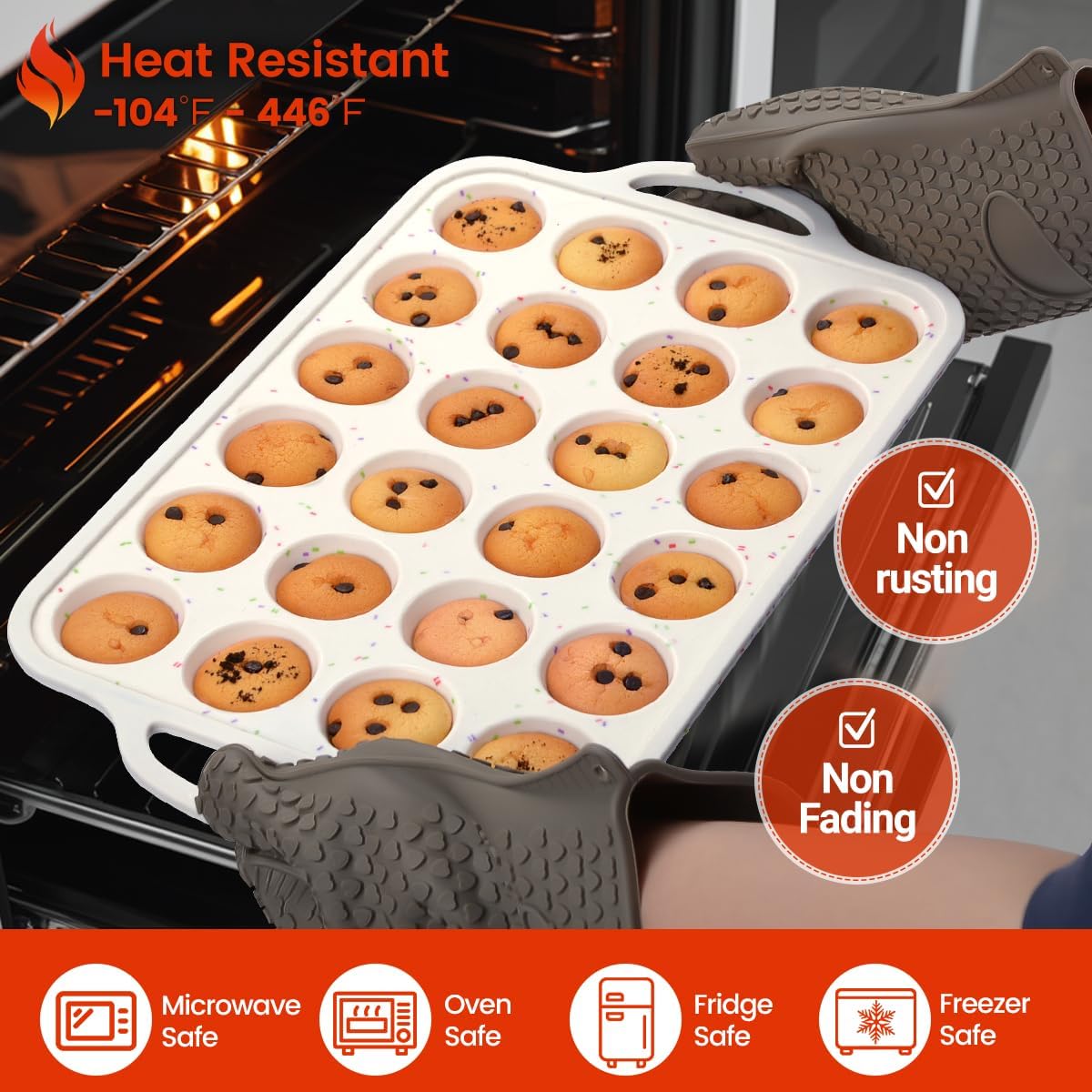 Mini Muffin Pan with Metal Reinforced Frame 24 Cups & Silicone Mini Loaf Pan 12 Cavities