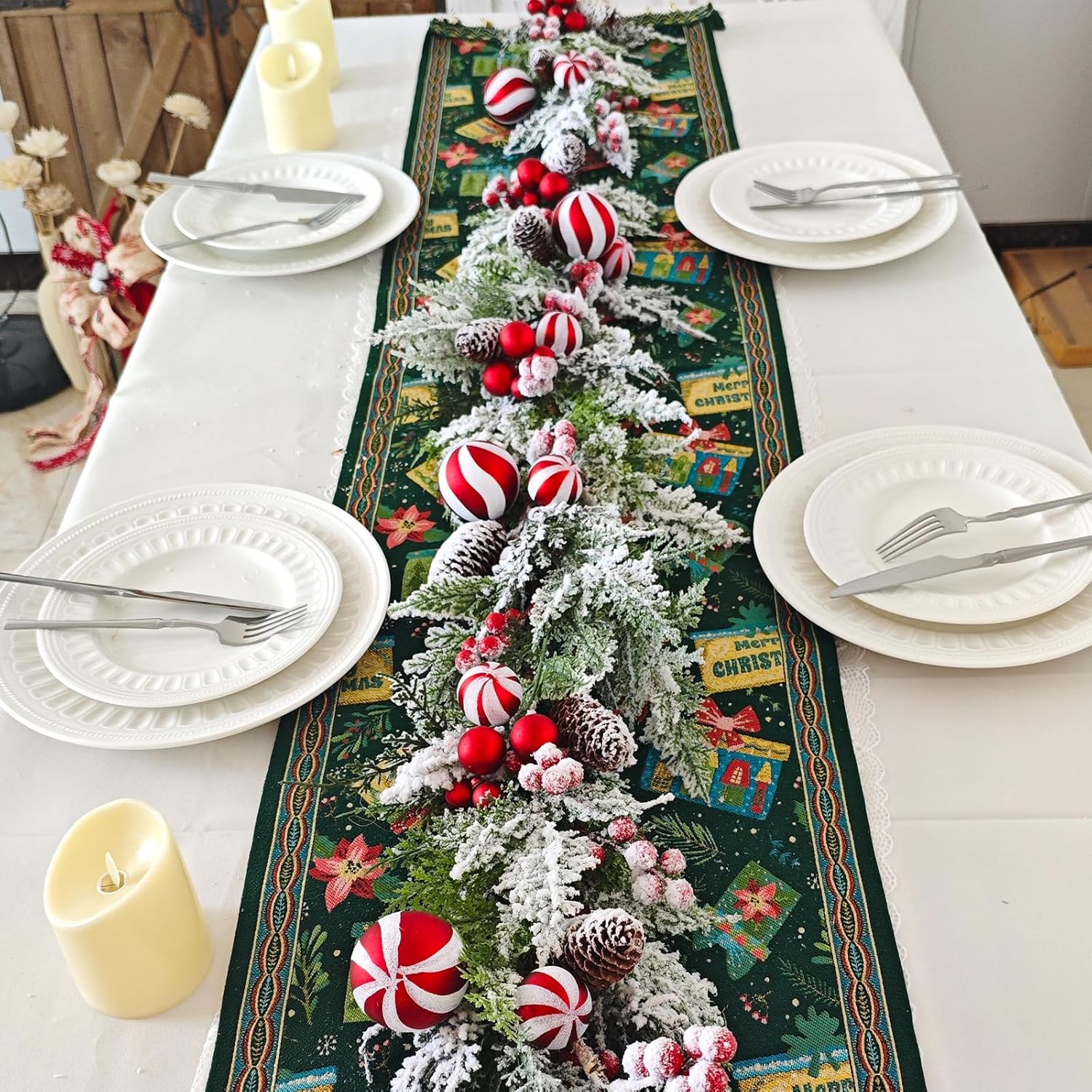 70 Inch Christmas Candy Cane Garland for Front Door, Winter Red White Xmas Holiday Garland for Indoor Outdoor, Christmas Frosted Garland with Berries and Pine Cones