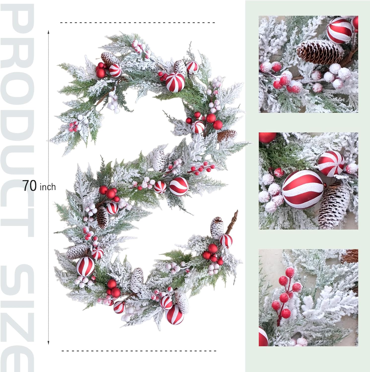 70 Inch Christmas Candy Cane Garland for Front Door, Winter Red White Xmas Holiday Garland for Indoor Outdoor, Christmas Frosted Garland with Berries and Pine Cones