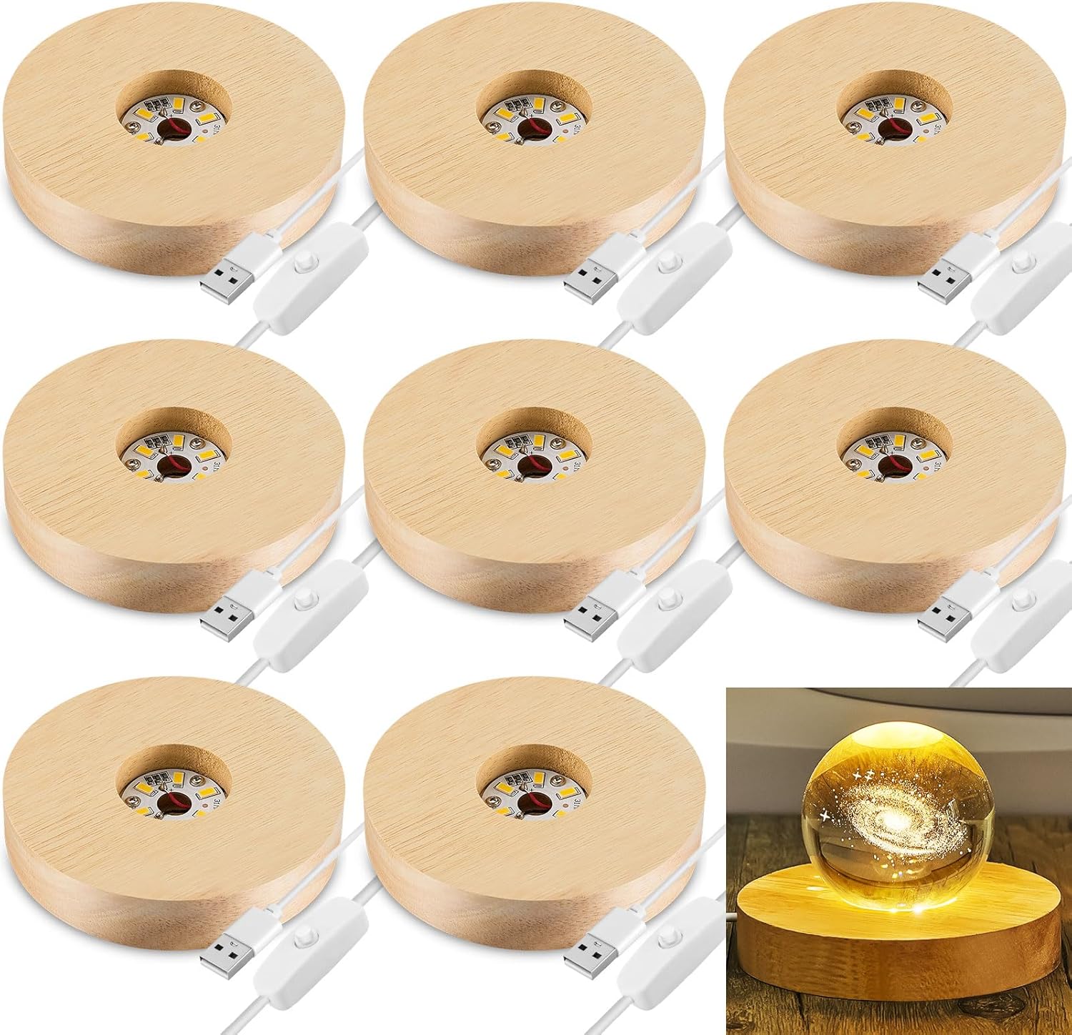 8 Pcs Wooden LED Display Base Lighted Base for Crystal Art Wood Display for Glass Art 3D Crystal Warm Light Round Surface Style