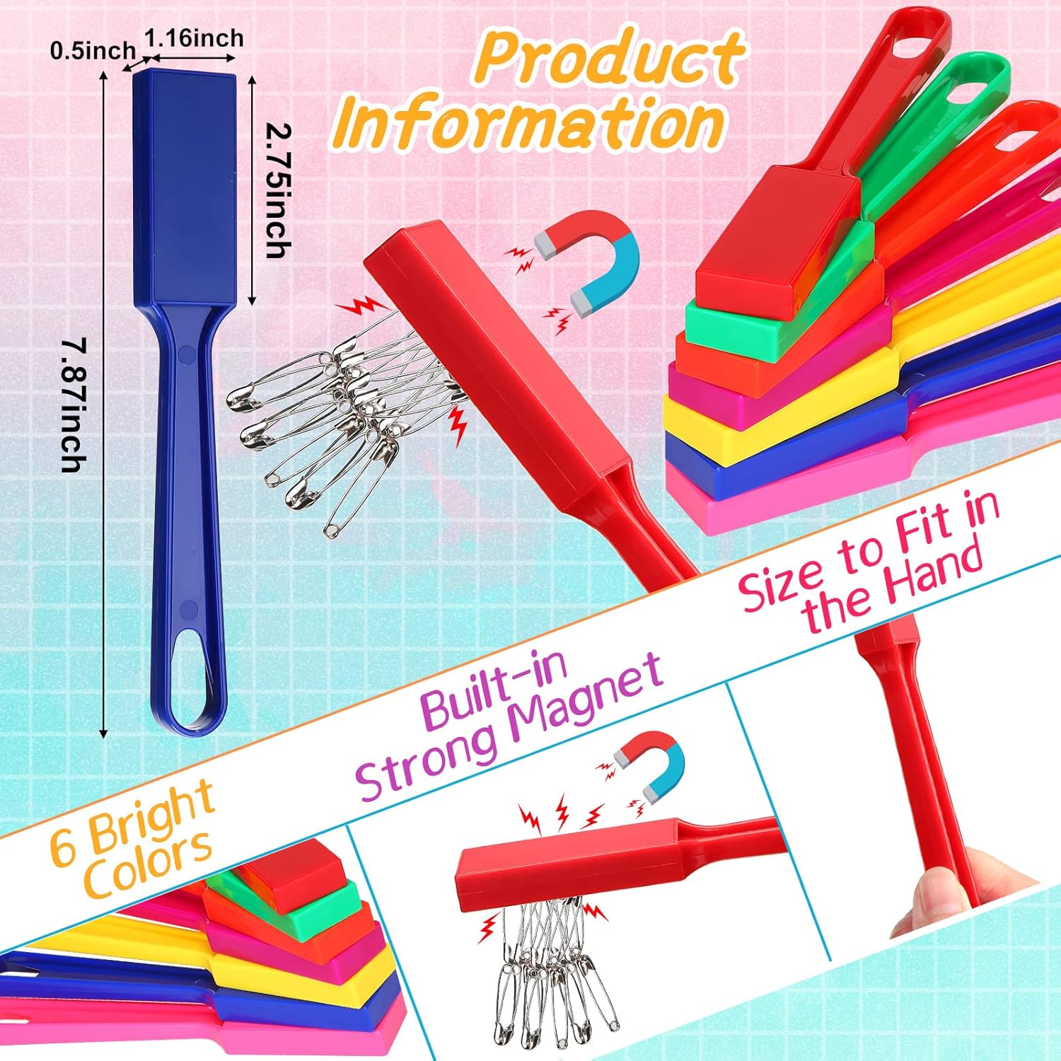 Magnet Wands for Kids Classroom Educational Learning Kits Rainbow Magnetic Wand Bulk 8 Inch Preschool Science Experiment Tools Learning Toys Bingo Games, 6 Colors 12 Pcs