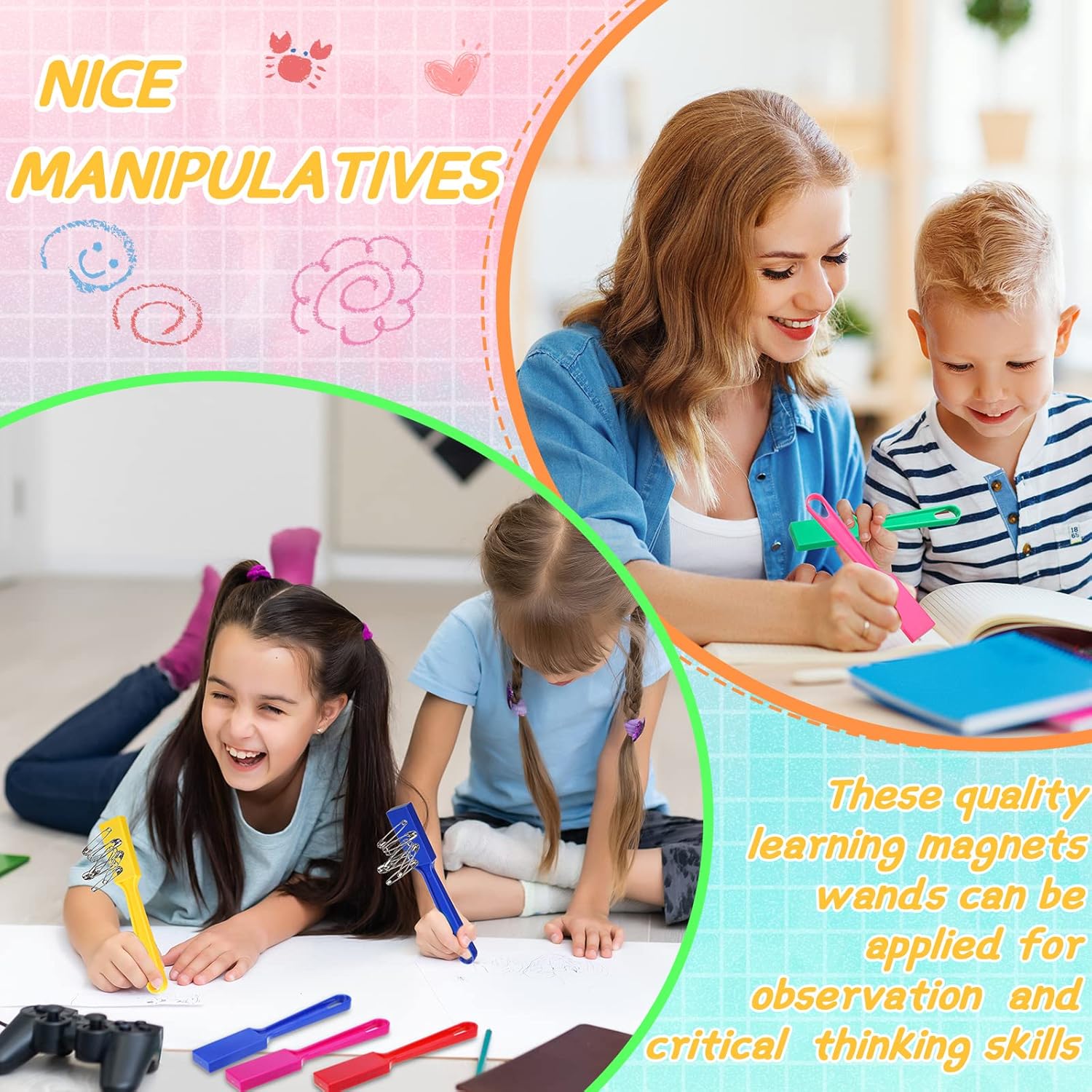 Magnet Wands for Kids Classroom Educational Learning Kits Rainbow Magnetic Wand Bulk 8 Inch Preschool Science Experiment Tools Learning Toys Bingo Games, 6 Colors 12 Pcs
