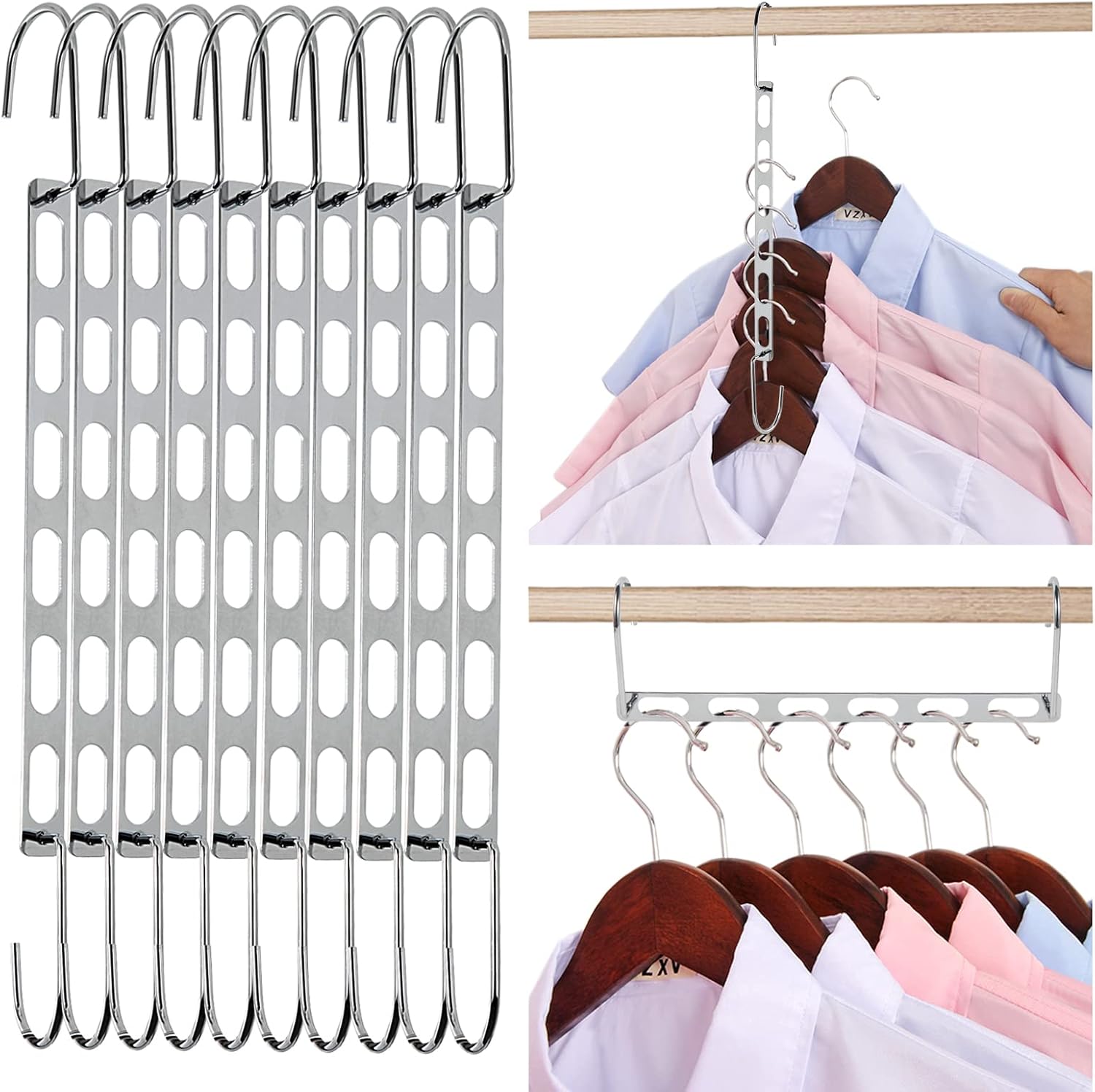 Space Saving Hangers for Clothes, 10 Pack Hanger Organizer Space Saver, Magic Metal Collapsible Closet Organizers, Multiple Hangers in One, College Dorm Room Essentials V1.0
