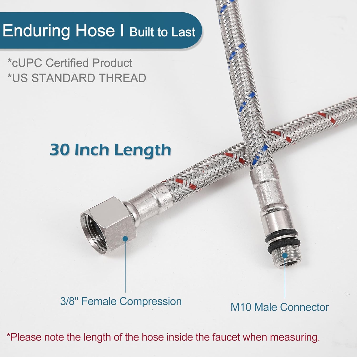 30 Inch Faucet Supply Lines, Bathroom Kitchen Water Supply Line 3/8" Female Compression Thread x M10 Male Connector, Braided Stainless Steel Water Hose for Sink Faucet with 1/2” Adapter 1 Pair