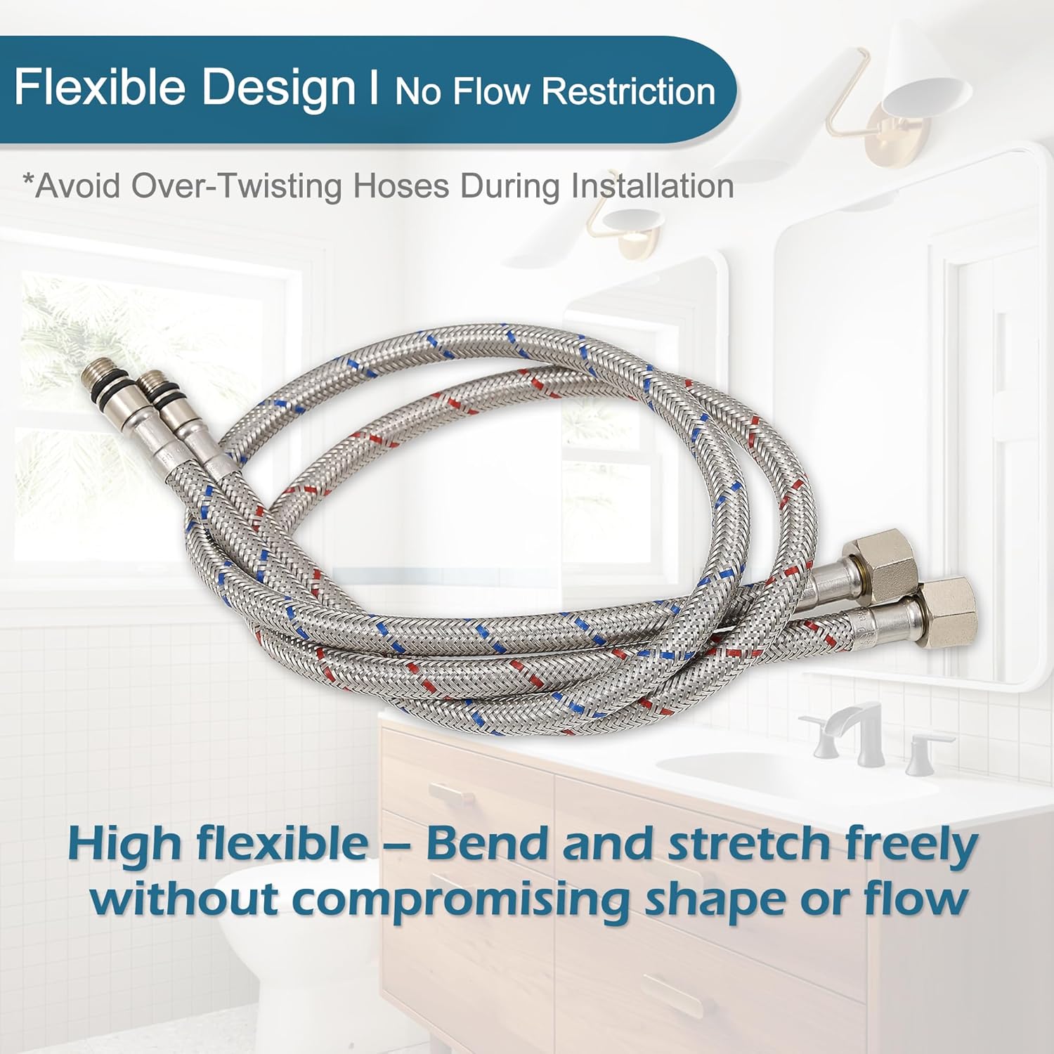 30 Inch Faucet Supply Lines, Bathroom Kitchen Water Supply Line 3/8" Female Compression Thread x M10 Male Connector, Braided Stainless Steel Water Hose for Sink Faucet with 1/2” Adapter 1 Pair