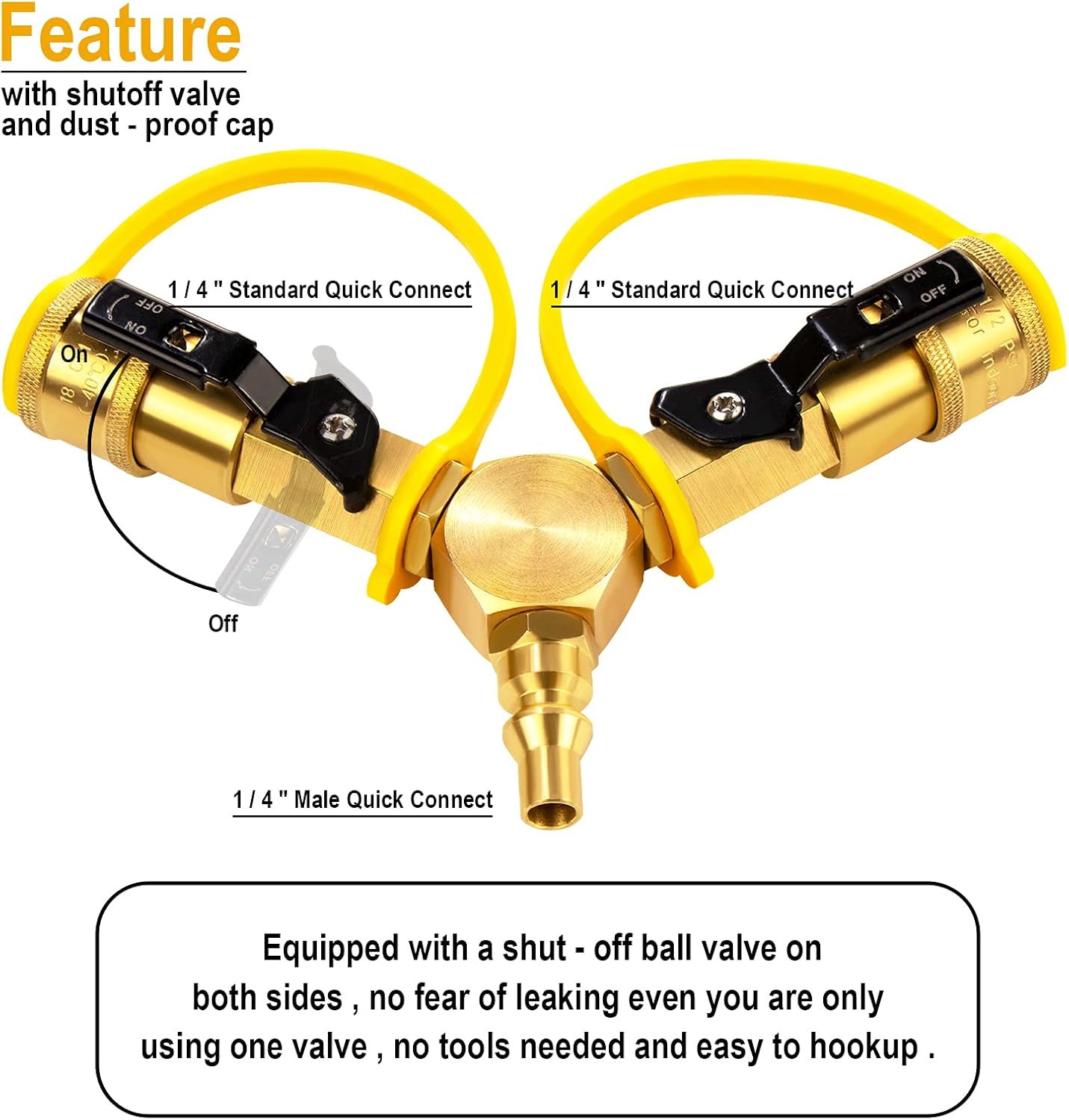 1/4" RV Propane Quick Connect Y Splitter Adapter with Shutoff Valve for RV Trailer and Quick Connect Propane Hose Connect to Motorhome Tabletop Grill, 2 Way 1/4 inch Quick Disconnect Kit