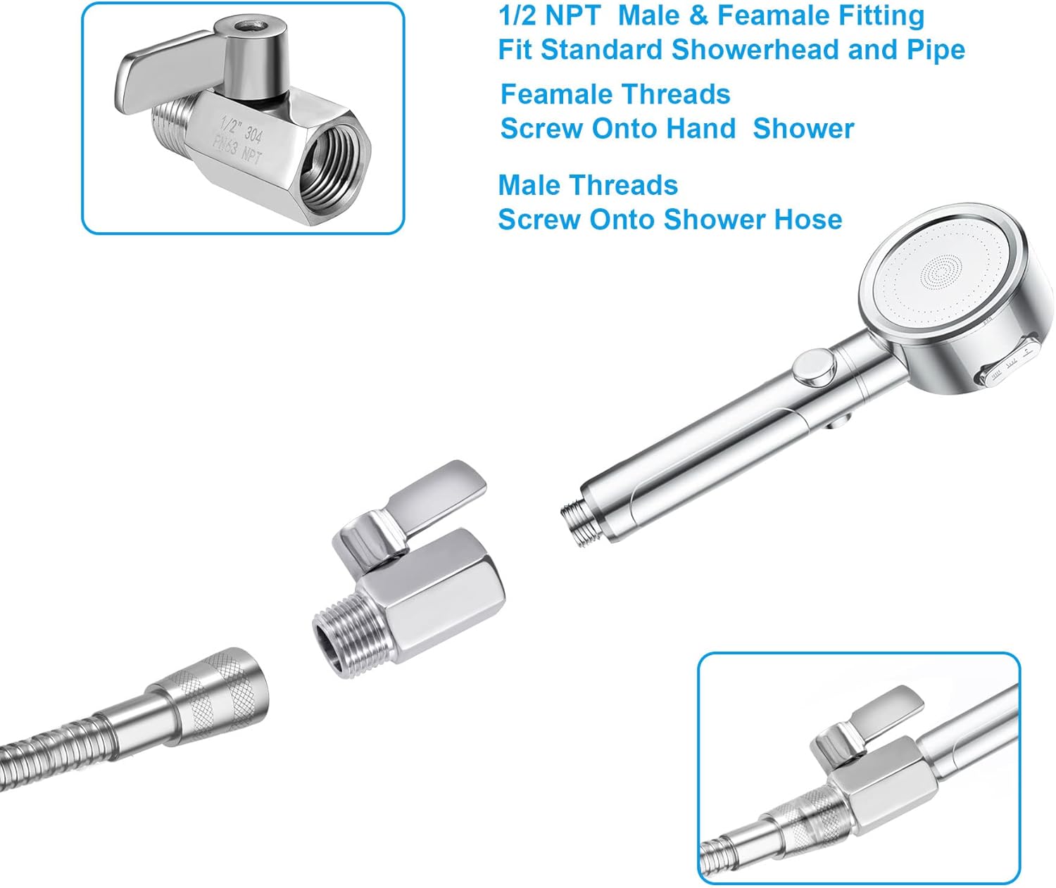 Shower Head Shut Off Valve, 304 Stainless Steel Mini Ball Valve NPT Thread 1/2" Male x 1/2"Female ,Shower Head Flow Control Valve,Water Flow Control Valve 2 Pack