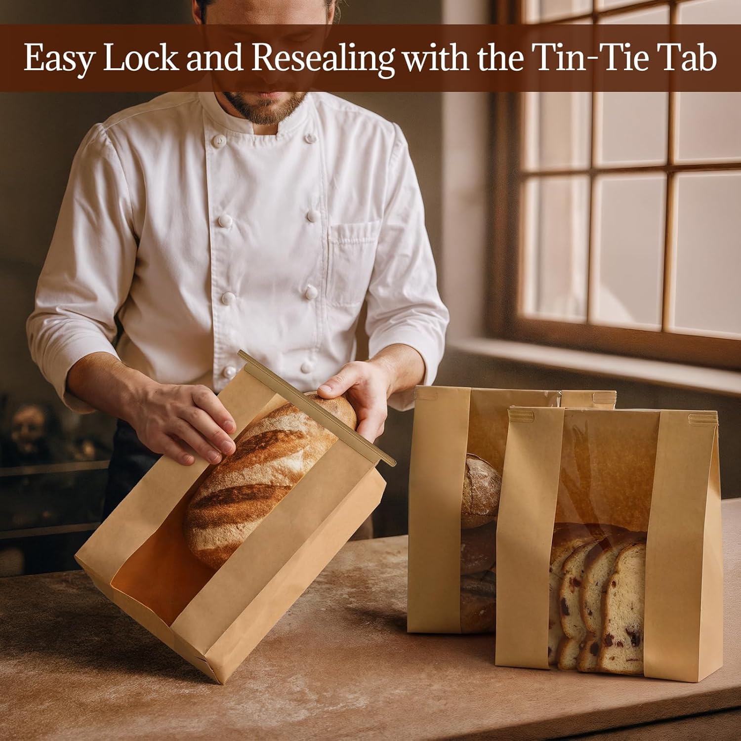 100 Pack Paper Bread Bags with Tin Tie Lock & Clear Window - Large Bakery Bags for Homemade Sourdough Bread, Cookies, Snacks Storage 14"x8.3"x3.5" Includes Seal Stickers