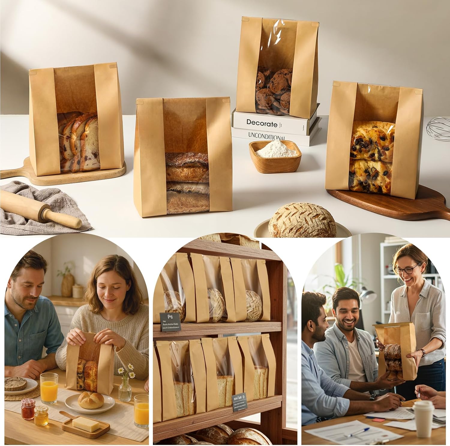 100 Pack Paper Bread Bags with Tin Tie Lock & Clear Window - Large Bakery Bags for Homemade Sourdough Bread, Cookies, Snacks Storage 14"x8.3"x3.5" Includes Seal Stickers