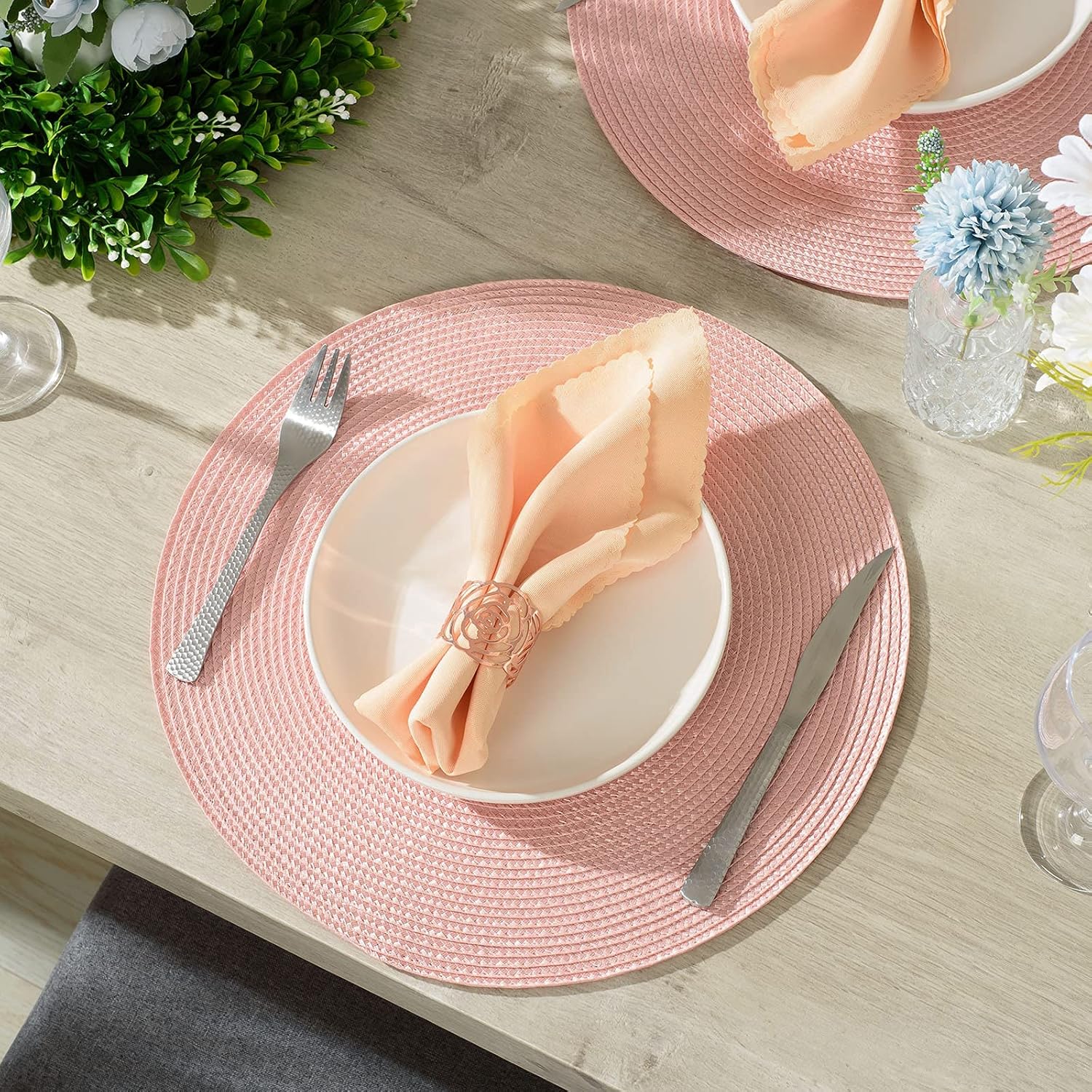 Round Braided Placemats 15 Inch Round Table Mats for Dining Tables Natural Woven Heat Resistant Place mats Set of 6 Pink