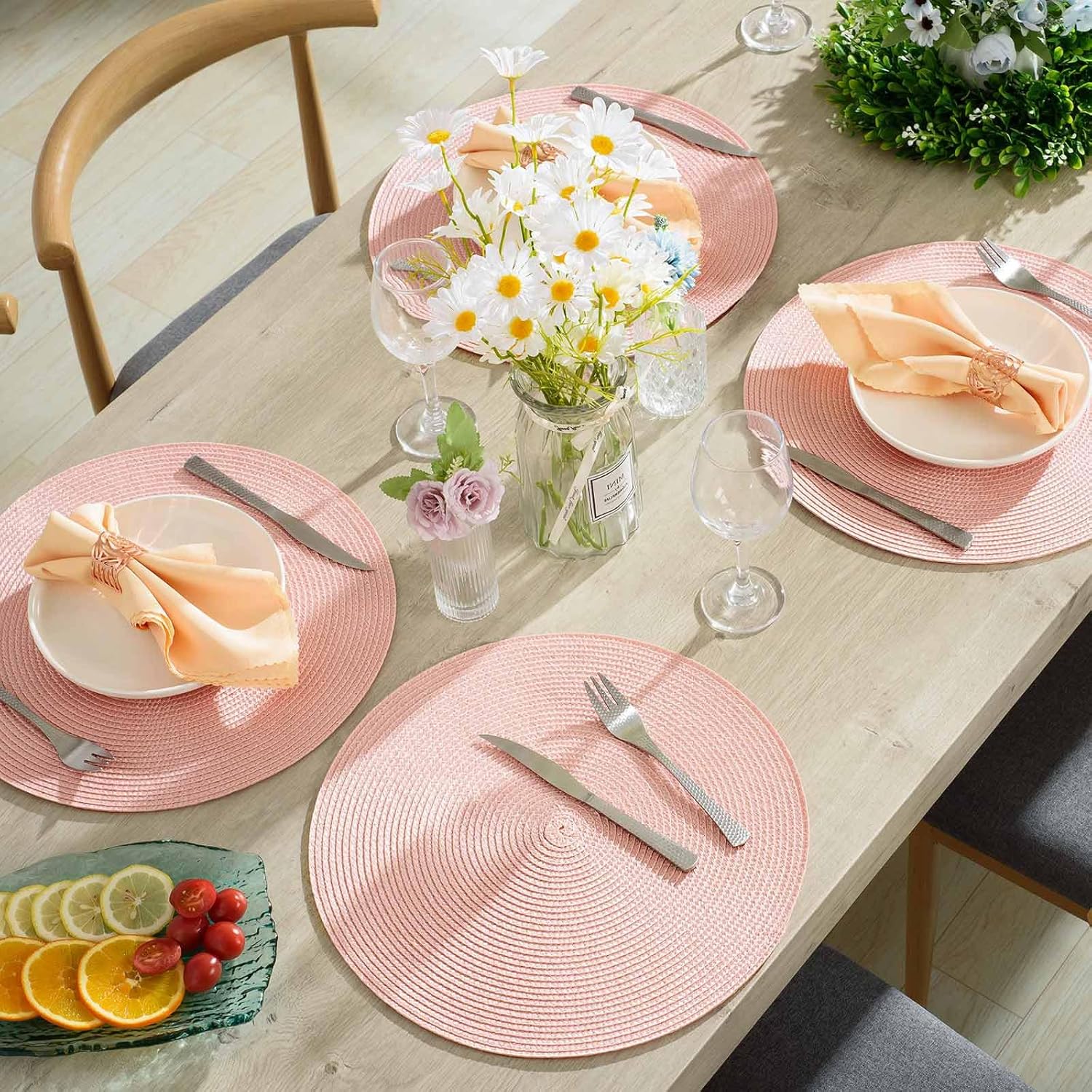Round Braided Placemats 15 Inch Round Table Mats for Dining Tables Natural Woven Heat Resistant Place mats Set of 6 Pink