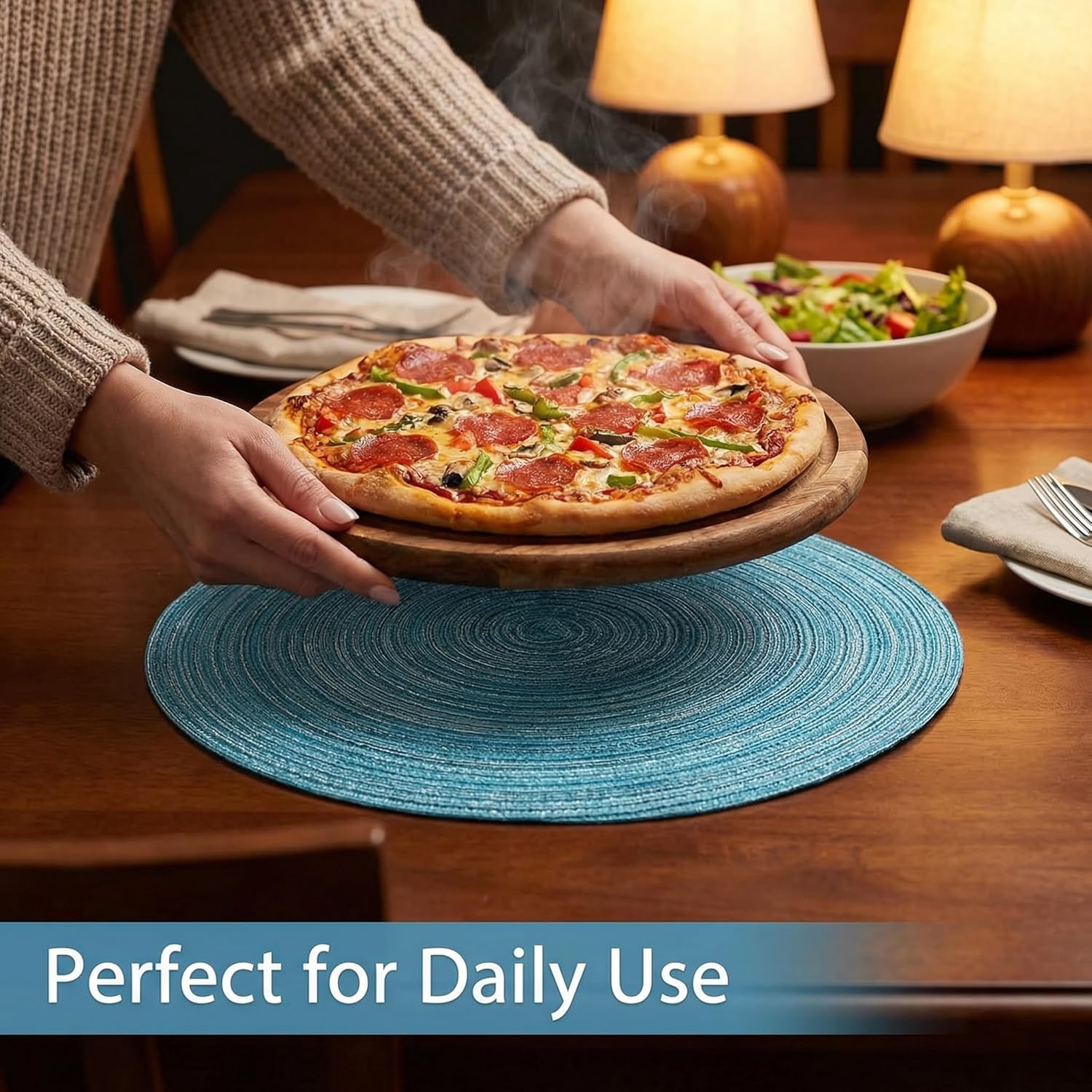 Round Braided Placemats Set of 6 Round Table Mats for Dining Tables Natural Woven Heat Resistant Place mats 15 Inch Blue Silver