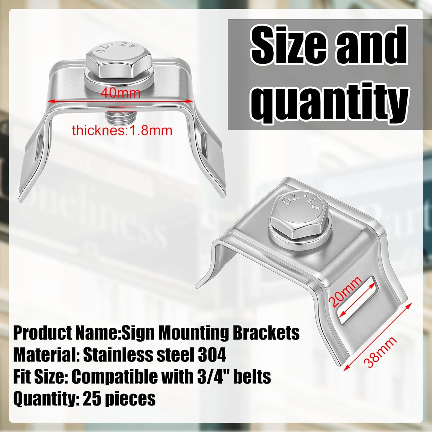 25 Pcs 304 Stainless Steel Single Bolt 3/4 Inch Flared Leg Bracket, Sign Mounting Brackets with Steel Bolt and Nylon Washer for Mount Traffic Signs, Security Cameras or Traffic Cameras Silver