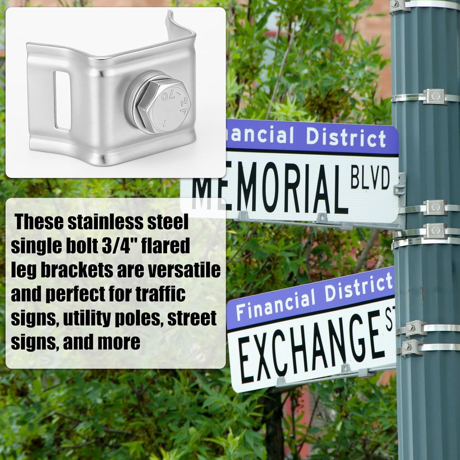 25 Pcs 304 Stainless Steel Single Bolt 3/4 Inch Flared Leg Bracket, Sign Mounting Brackets with Steel Bolt and Nylon Washer for Mount Traffic Signs, Security Cameras or Traffic Cameras Silver