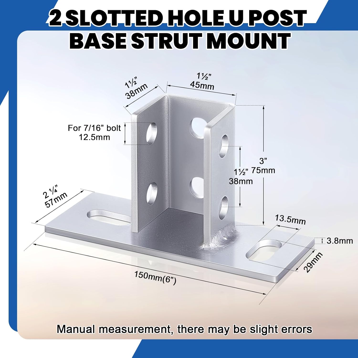 8 Pcs 2 Slotted Hole U Post Base Strut Mount for 1-5/8 Square Single Channel Carbon Steel Q235B, Ground Floors Universal Fence Post Base Sign for Rack Mount Track System