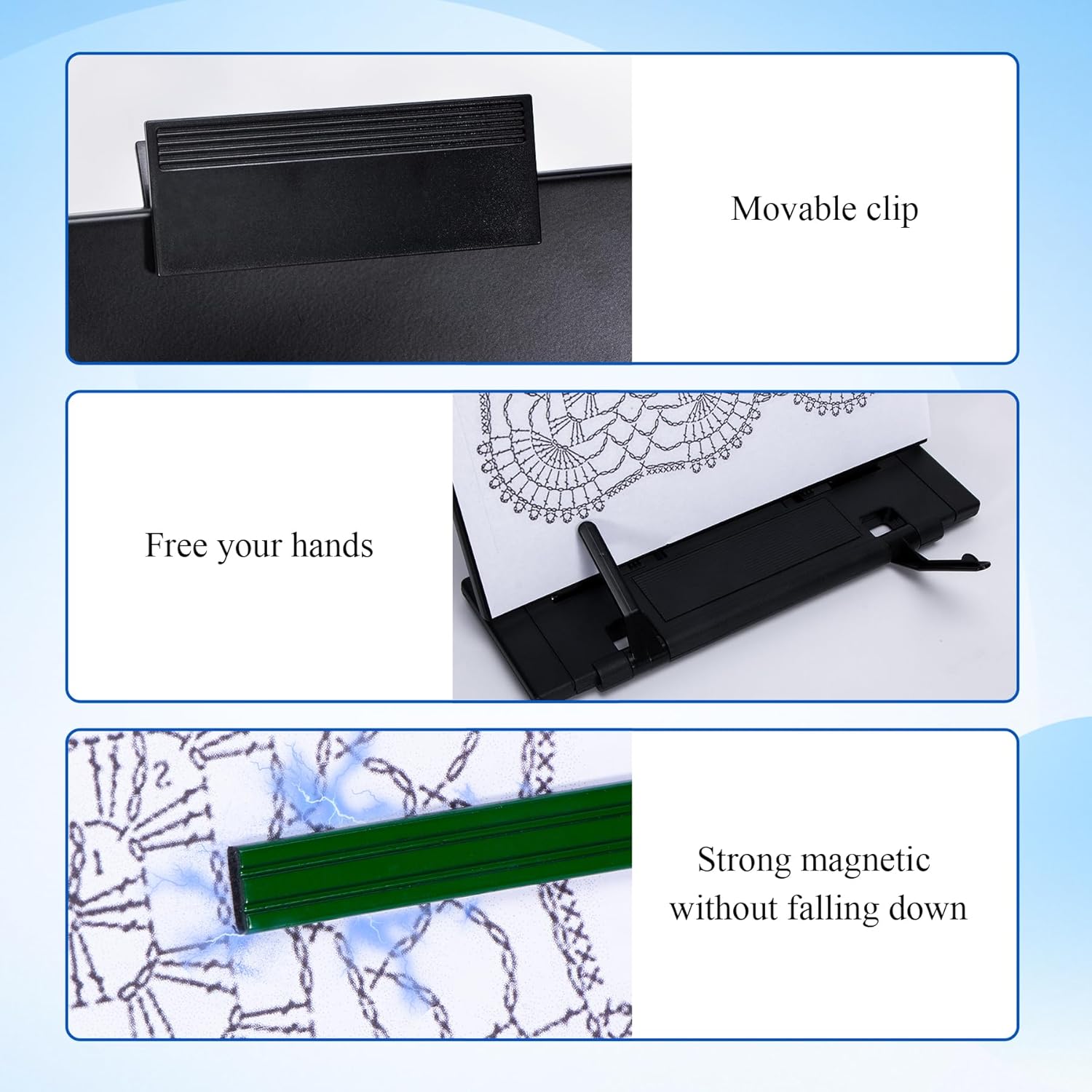 Knitting Pattern Holder with 6 Color Replacement Magnets 1 Magnifying Ruler,Cross Stitch Supplies and Accessories for Crafts Work, 12" L x 8.4" W