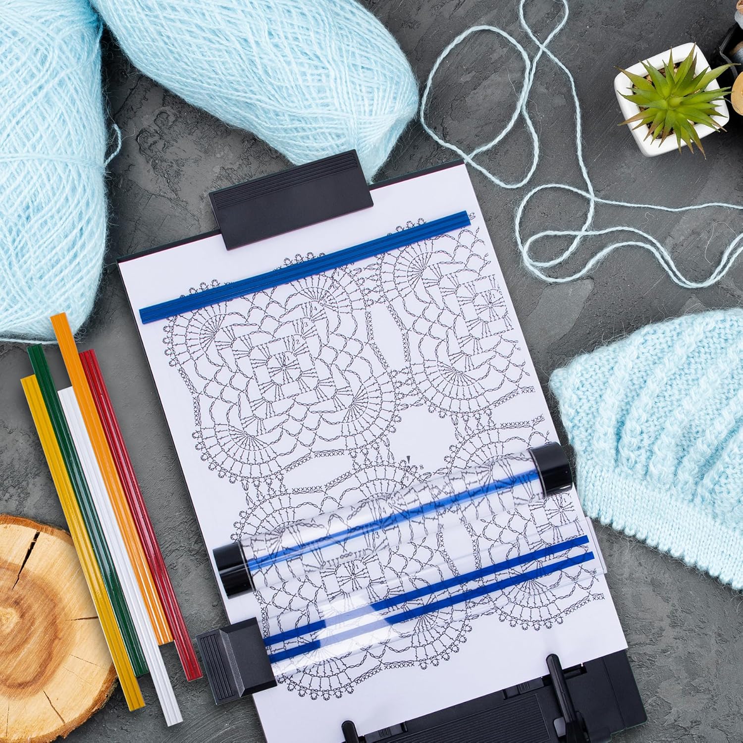 Knitting Pattern Holder with 6 Color Replacement Magnets 1 Magnifying Ruler,Cross Stitch Supplies and Accessories for Crafts Work, 12" L x 8.4" W