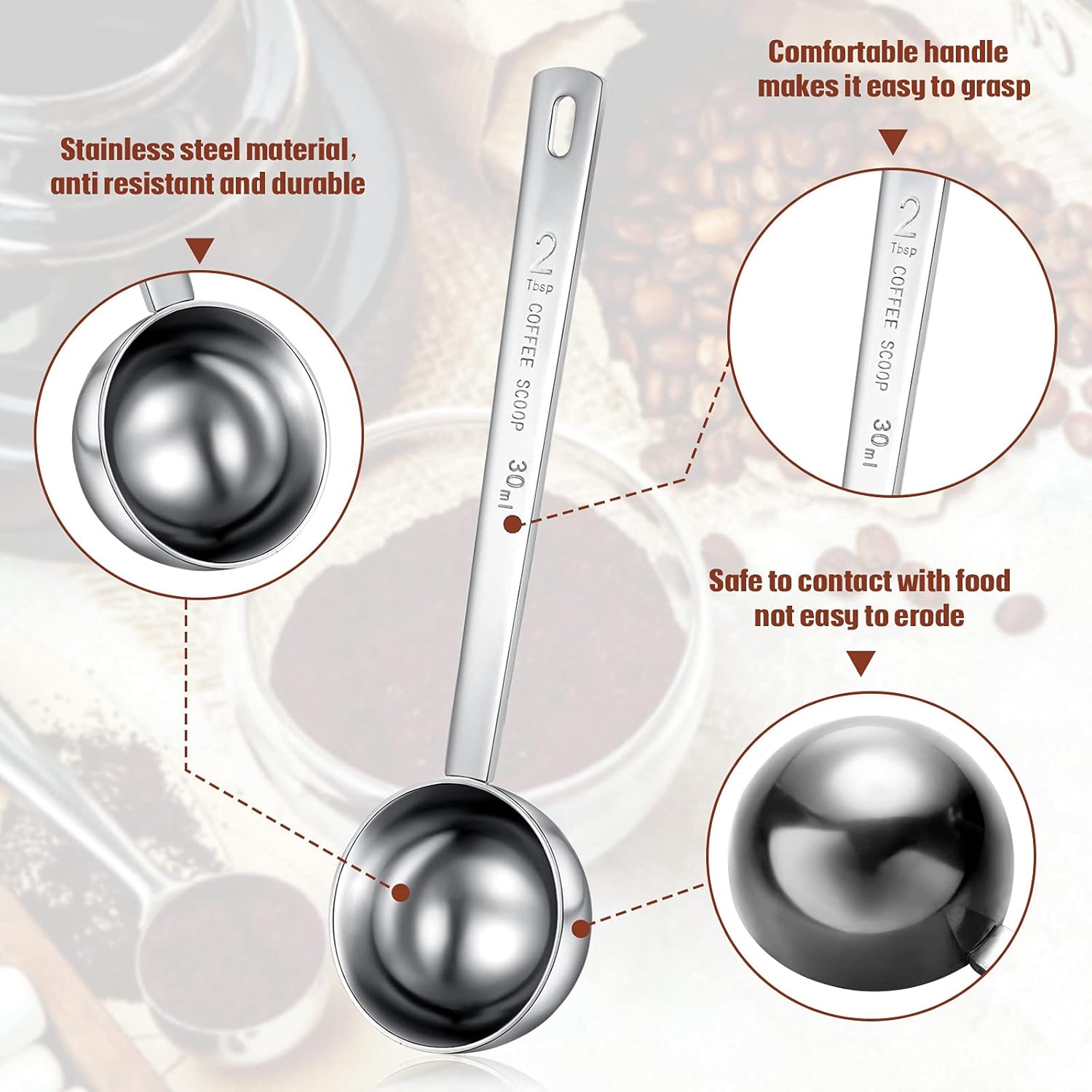 4 Pieces 2 Tablespoon Scoops with Long Handle, 30 ml Stainless Steel Measuring Spoon for Coffee Milk Fruit Powder, Loose Tea Dry, Spice Jar, Cooking Baking, and Other Dry Goods