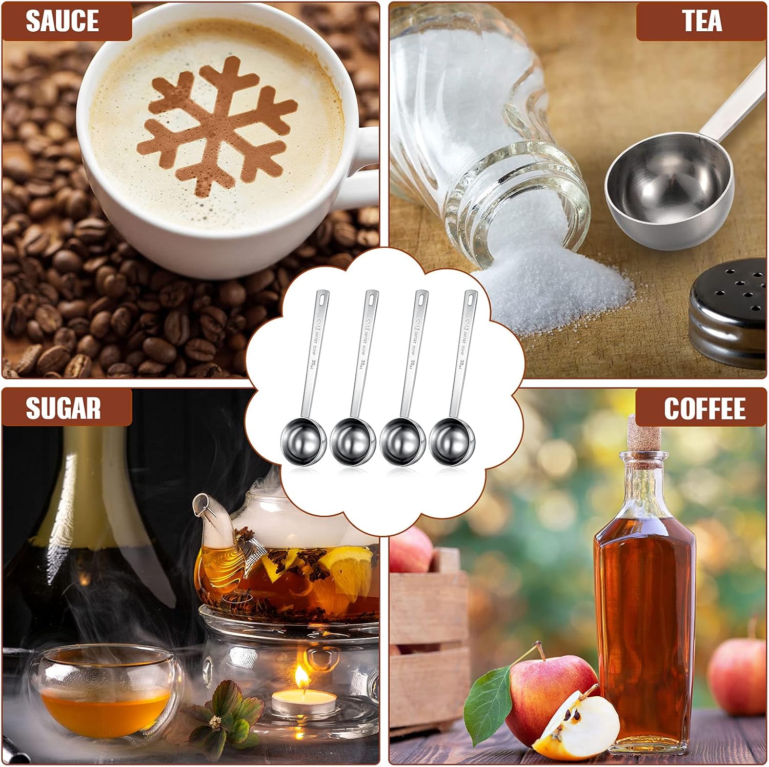 4 Pieces 2 Tablespoon Scoops with Long Handle, 30 ml Stainless Steel Measuring Spoon for Coffee Milk Fruit Powder, Loose Tea Dry, Spice Jar, Cooking Baking, and Other Dry Goods