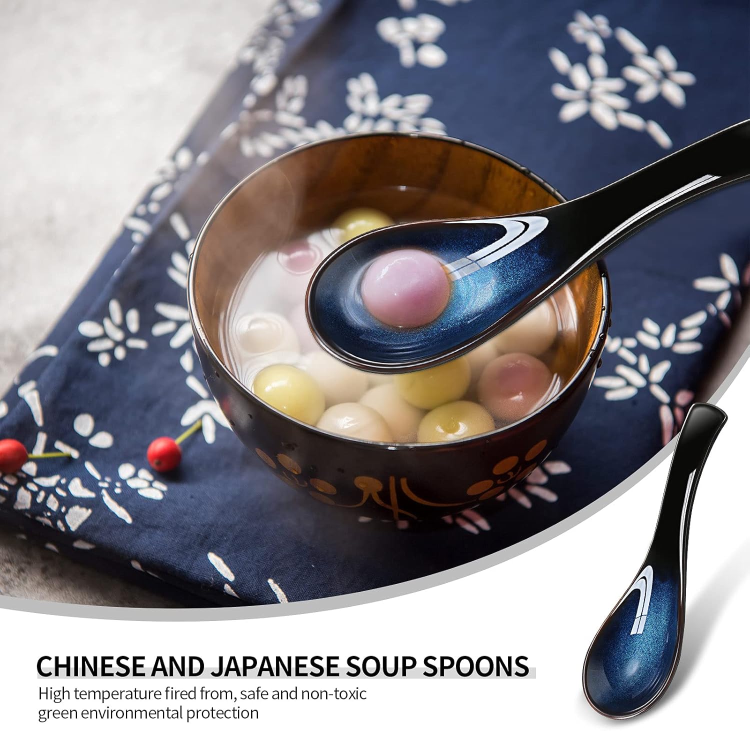 4 Pieces Asian Ceramic Soup Spoons Set Long Handle Chinese Spoons Retro Blue Japanese Ramen Bowl Soup Spoon Suitable for Gravy, Cake, Oatmeal, Dumplings