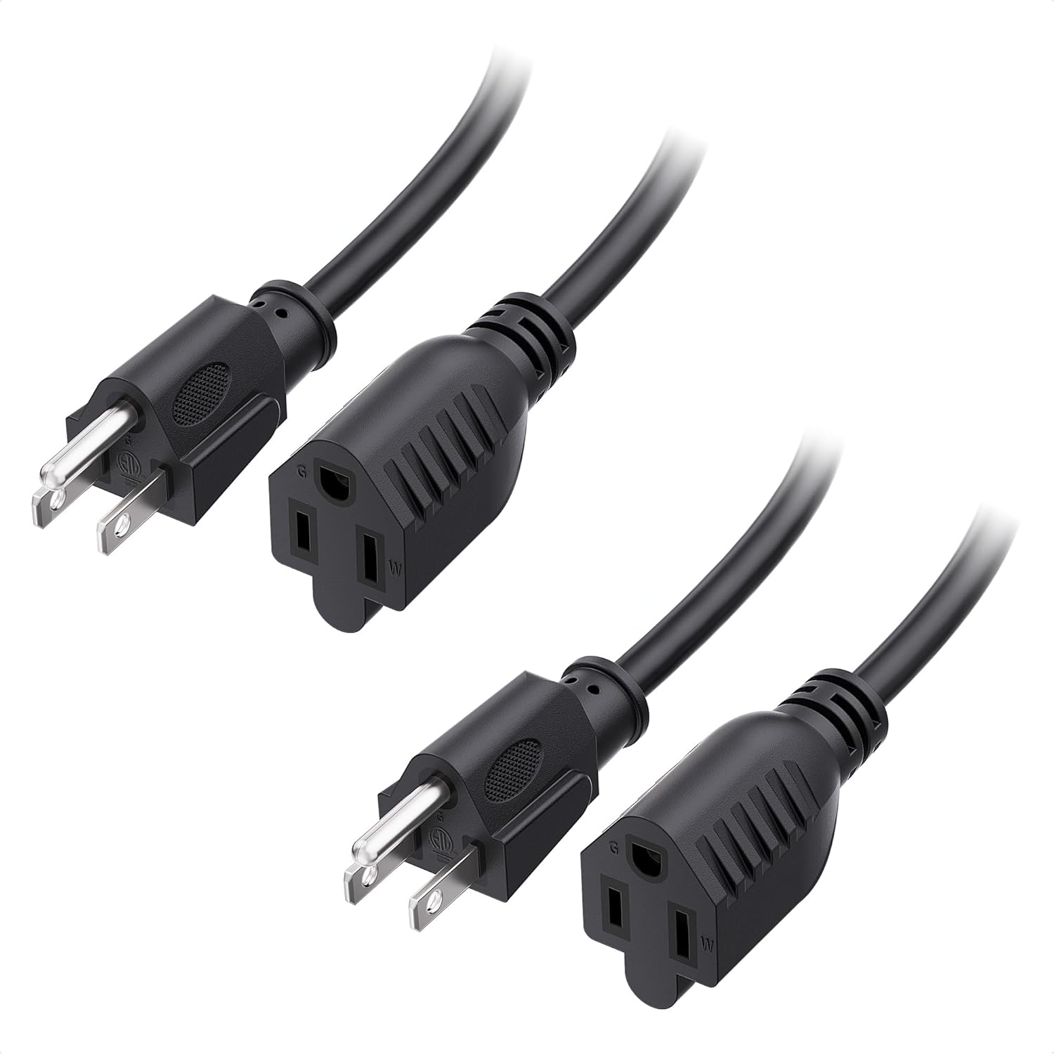 ETL Listed 2-Pack 16 AWG Heavy Duty 13A Power Extension Cord - 10ft, 3 Prong Power Cord Extension, NEMA 5-15P to NEMA 5-15R, Black