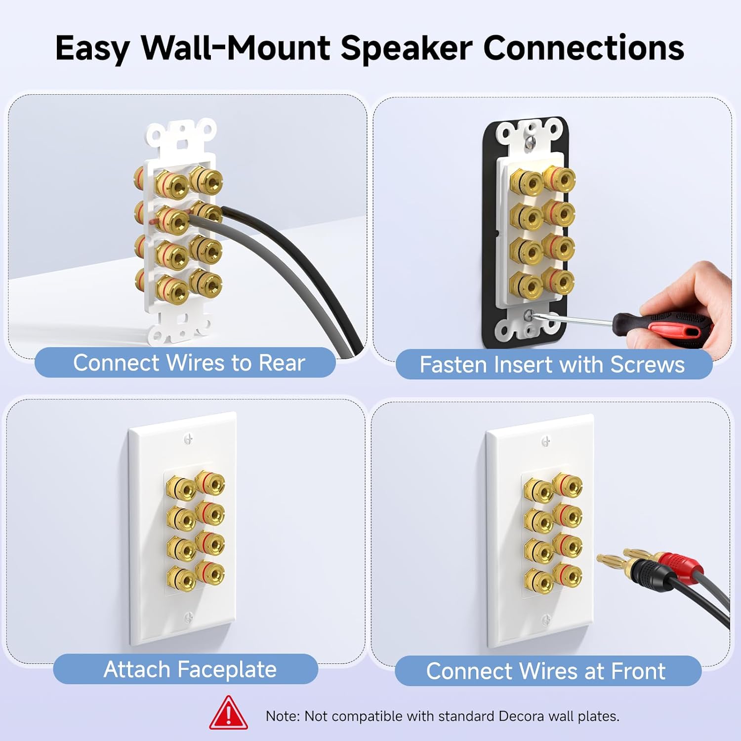 Speaker Wire Wall Plate, Gold Plated Speaker Wall Plate with Banana Plug Binding Post for 4 Speakers, White
