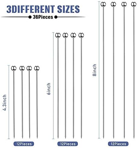 36 Pieces Cocktail Picks Stainless Steel Martini Picks 4, 6, 8, Inch Stainless Steel Appetizer Drink Sticks Cocktail Toothpicks for Hamburger Birthday Party Home Bar