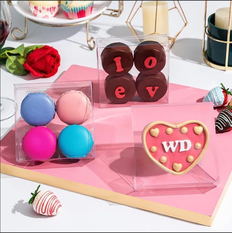100Pcs Plastic Clear Single Treat Boxes with Full Window - 4x4x1.2inch, Dessert Box for Macarons, Donuts, Parties & Holidays