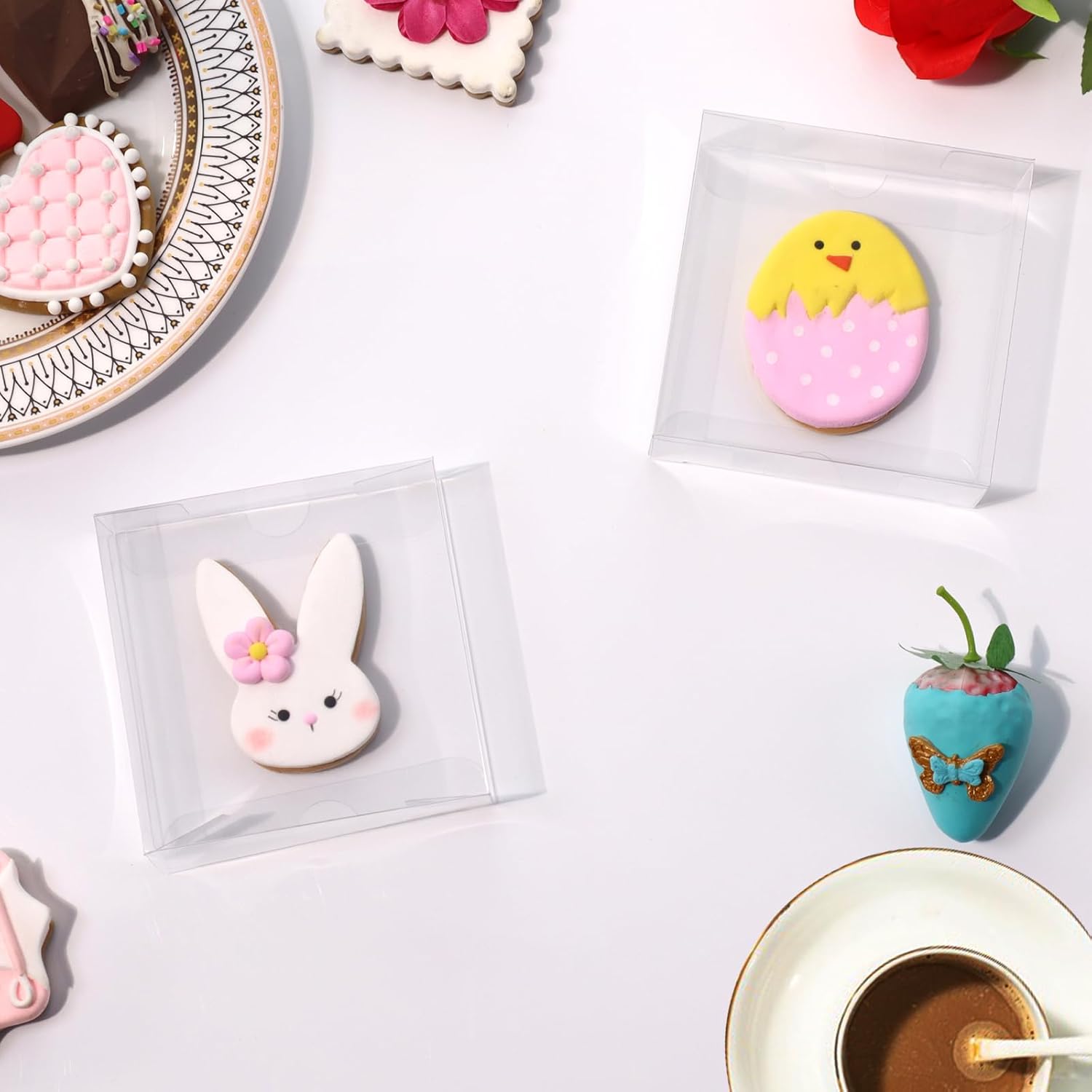 100Pcs Plastic Clear Single Treat Boxes with Full Window - 4x4x1.2inch, Dessert Box for Macarons, Donuts, Parties & Holidays