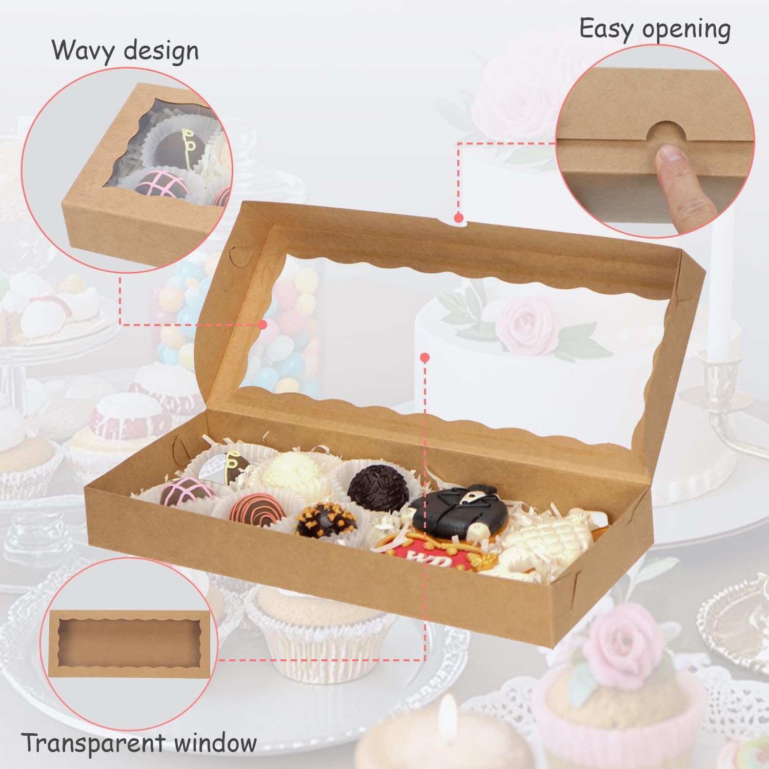 50pcs 12x5x1.5Inches Brown Cookies Boxes. with Window Bakery Boxes Chocolate Truffle Boxes Macaron Boxes Cakesickle Boxes Browines Treat Boxes for Christmas Valentine's Father's Mother's Day